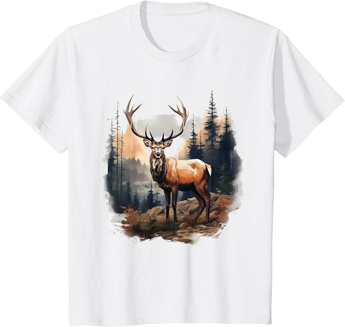 Deer Forest Landscape Wildlife Artwork Nature Animal Lovers T-Shirt - White
