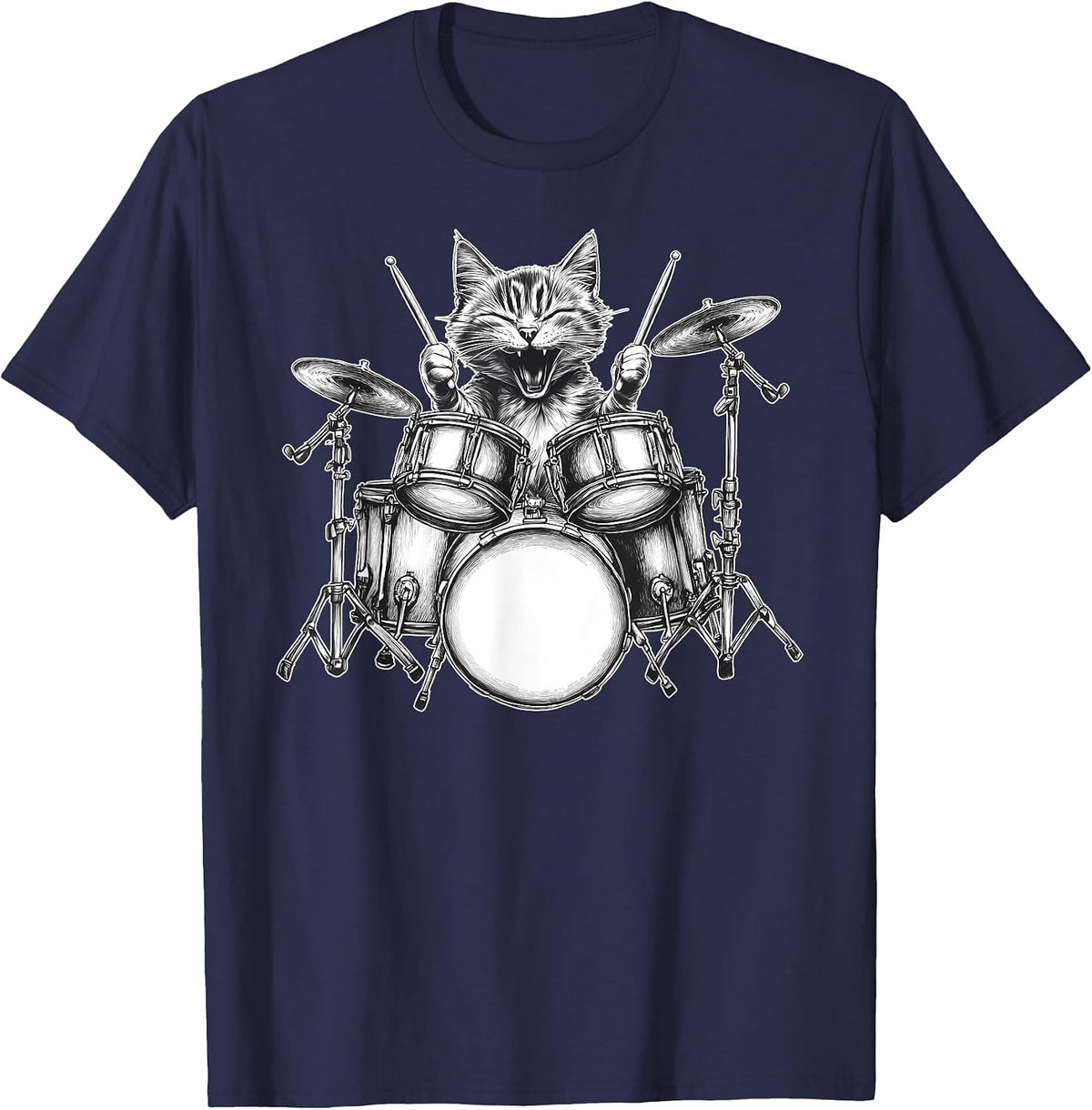 Cat Playing Drum Percussionist Drummer Rock & Roll Music T-Shirt - Navy Blue
