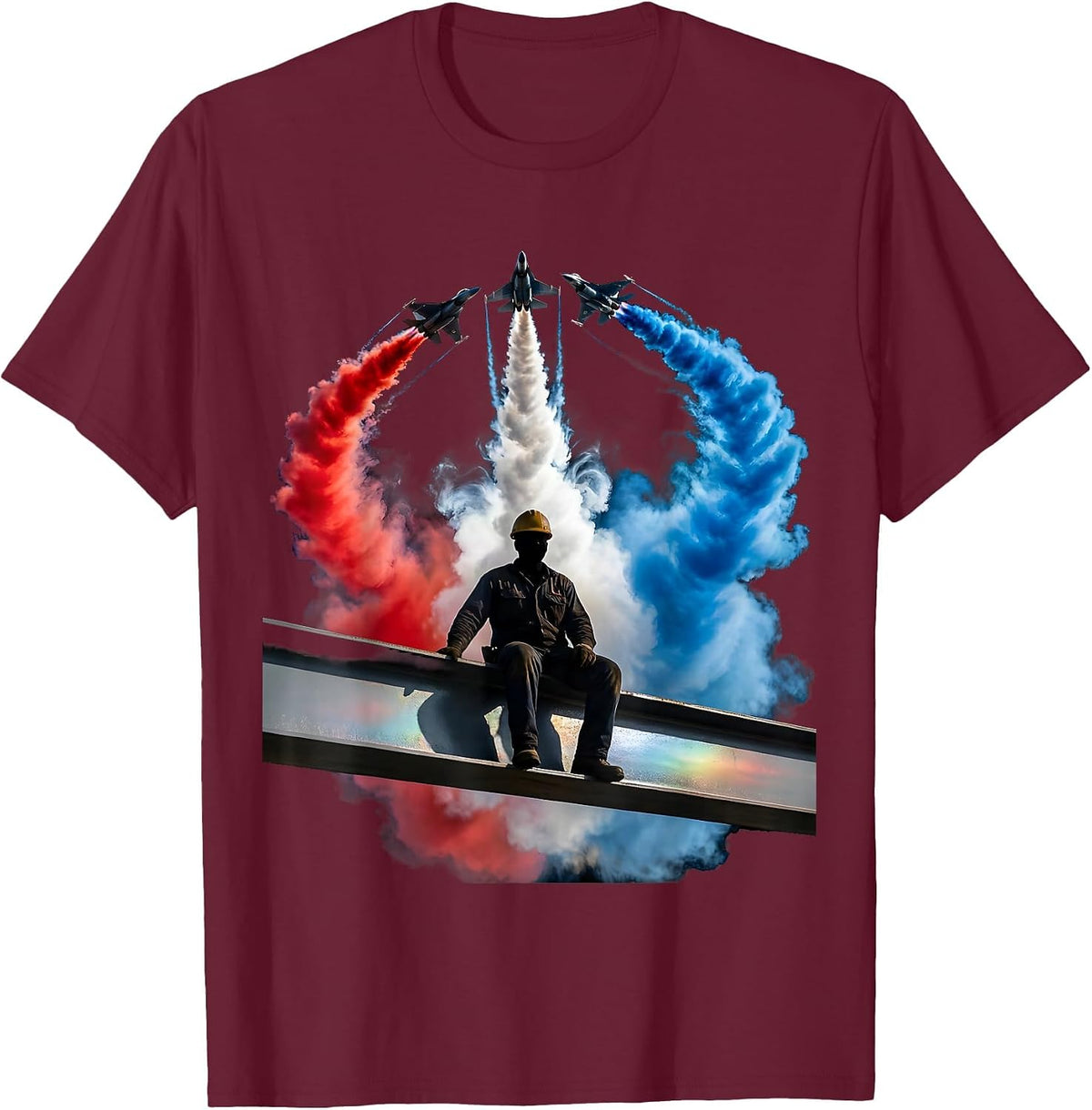 Men's Iron Worker Sunset Steel Beam Construction Art T-Shirt - Burgundy