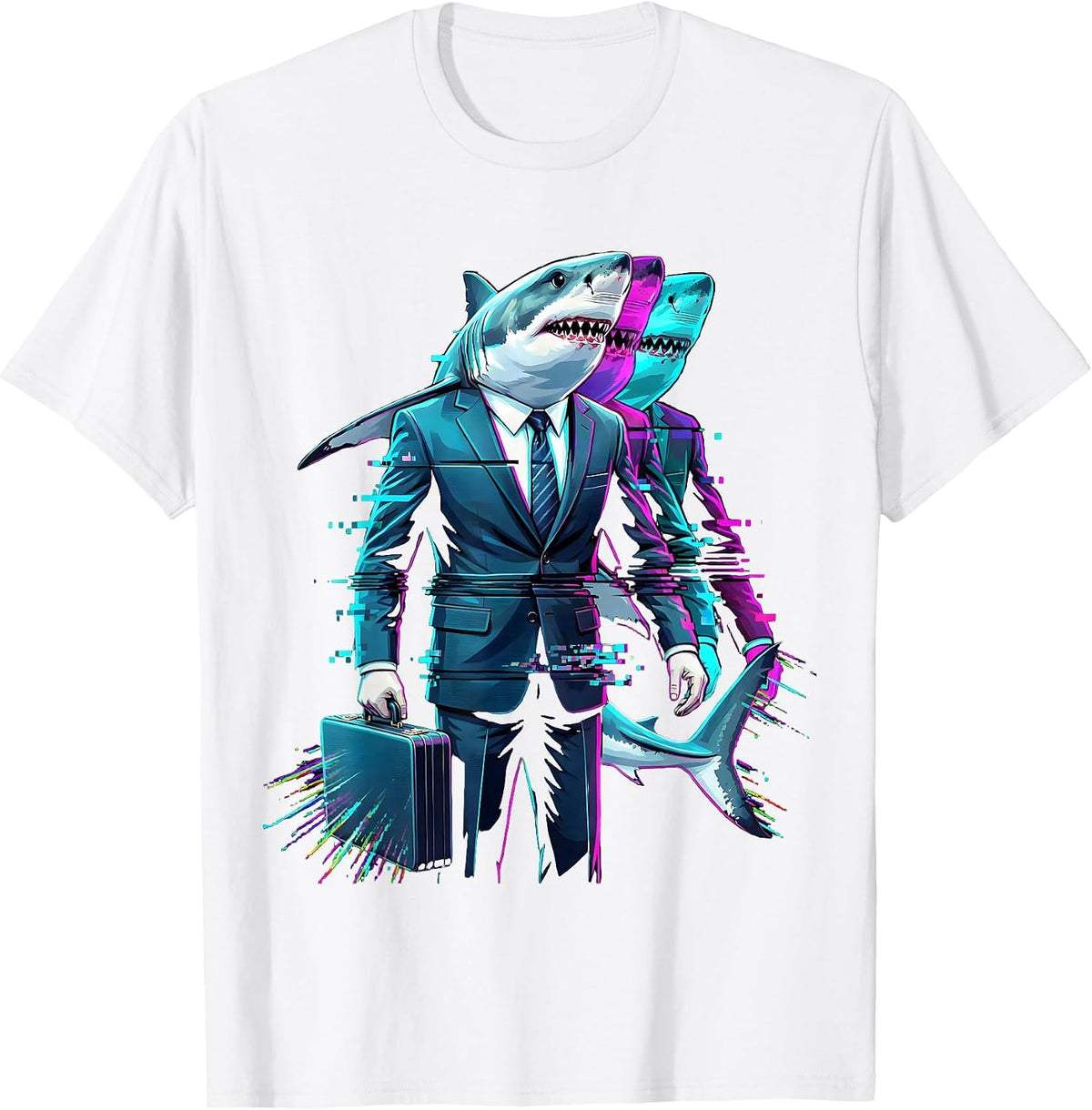 Men's Shark in Business Suit Briefcase Funny Office Art T-Shirt - White