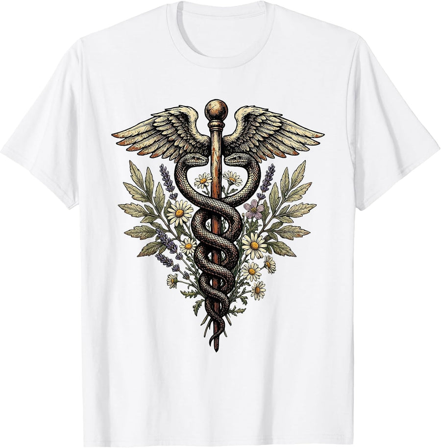Men's Nurse Caduceus Wildflower Botanical Art Design T-Shirt - White