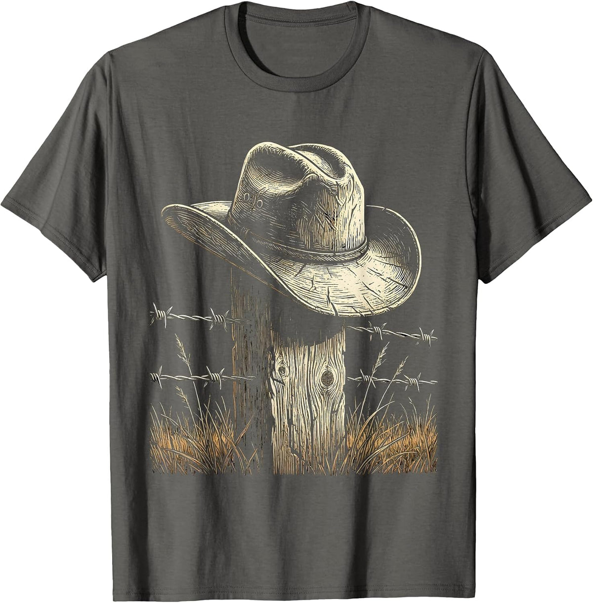 Cowboy Hat on Fence Post Western Illustration T-Shirt - Asphalt Grey