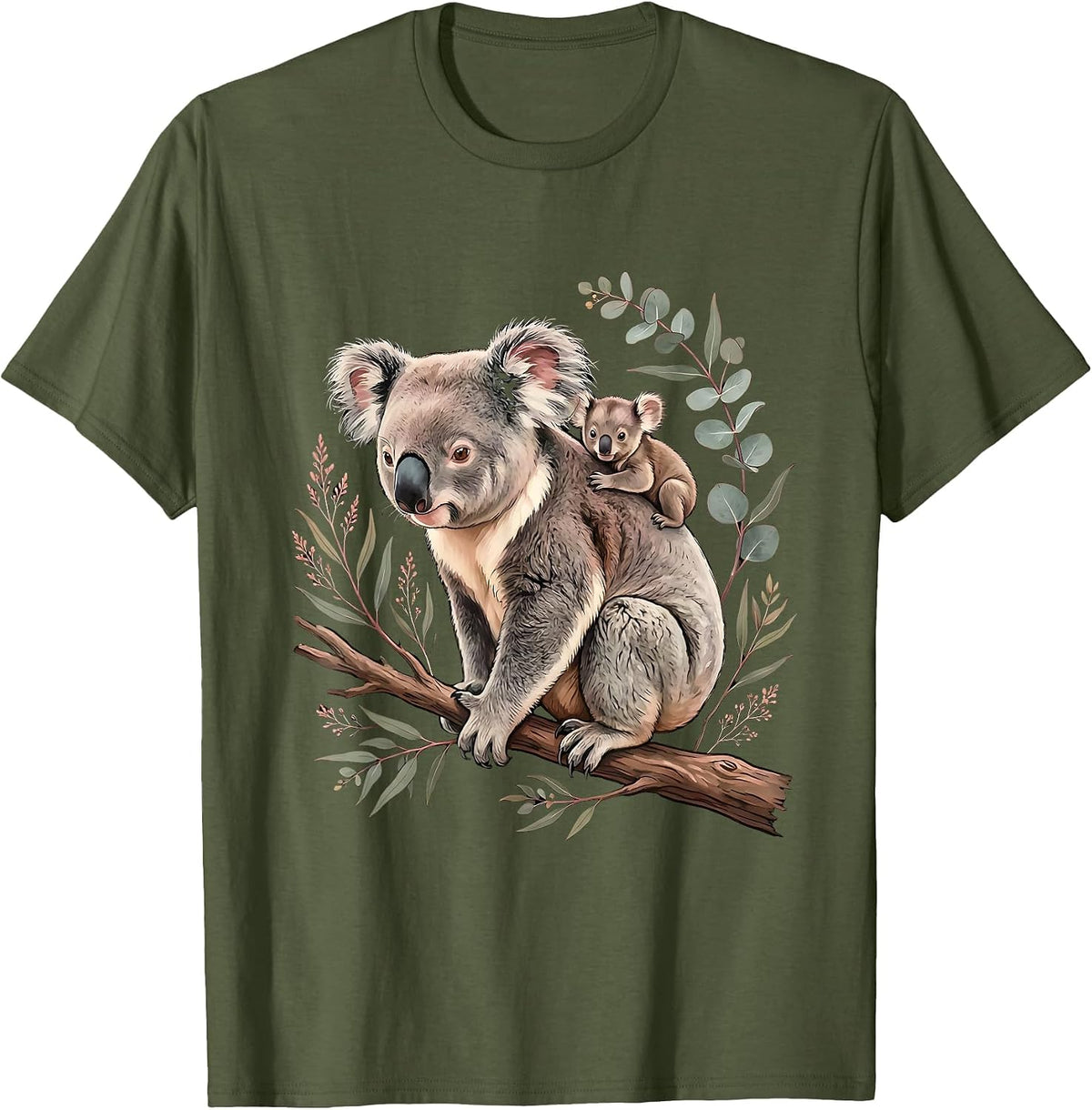 Men's Mama Koala with Joey on Her Back Illustration T-Shirt - Olive Green
