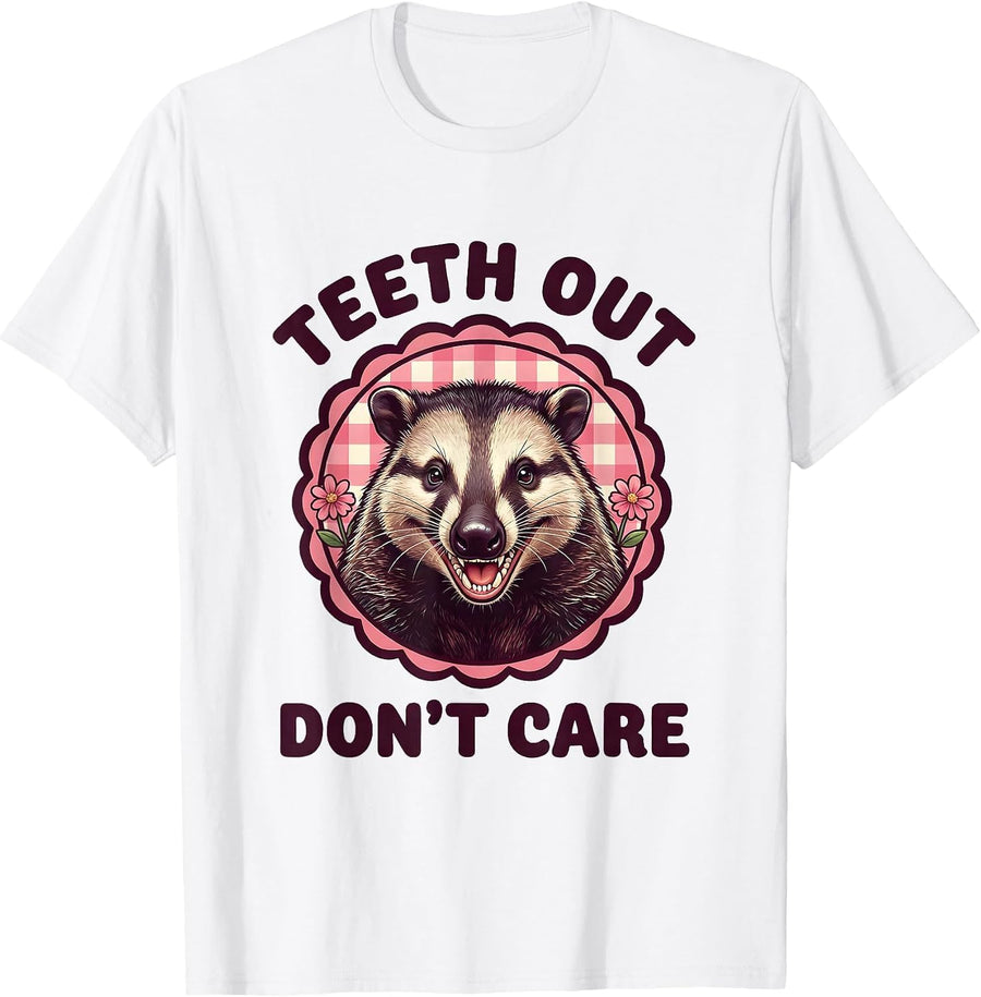 Men's Teeth Out Don't Care Funny Opossum Design T-Shirt - White