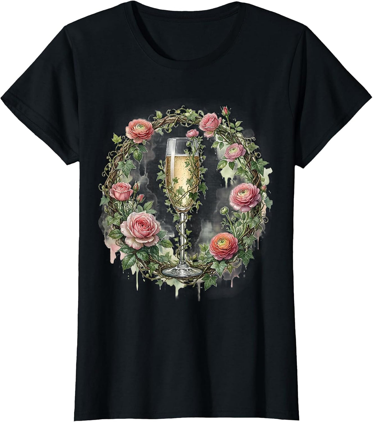 Floral Derby Champagne Flute Climbing Vines T-Shirt - Black