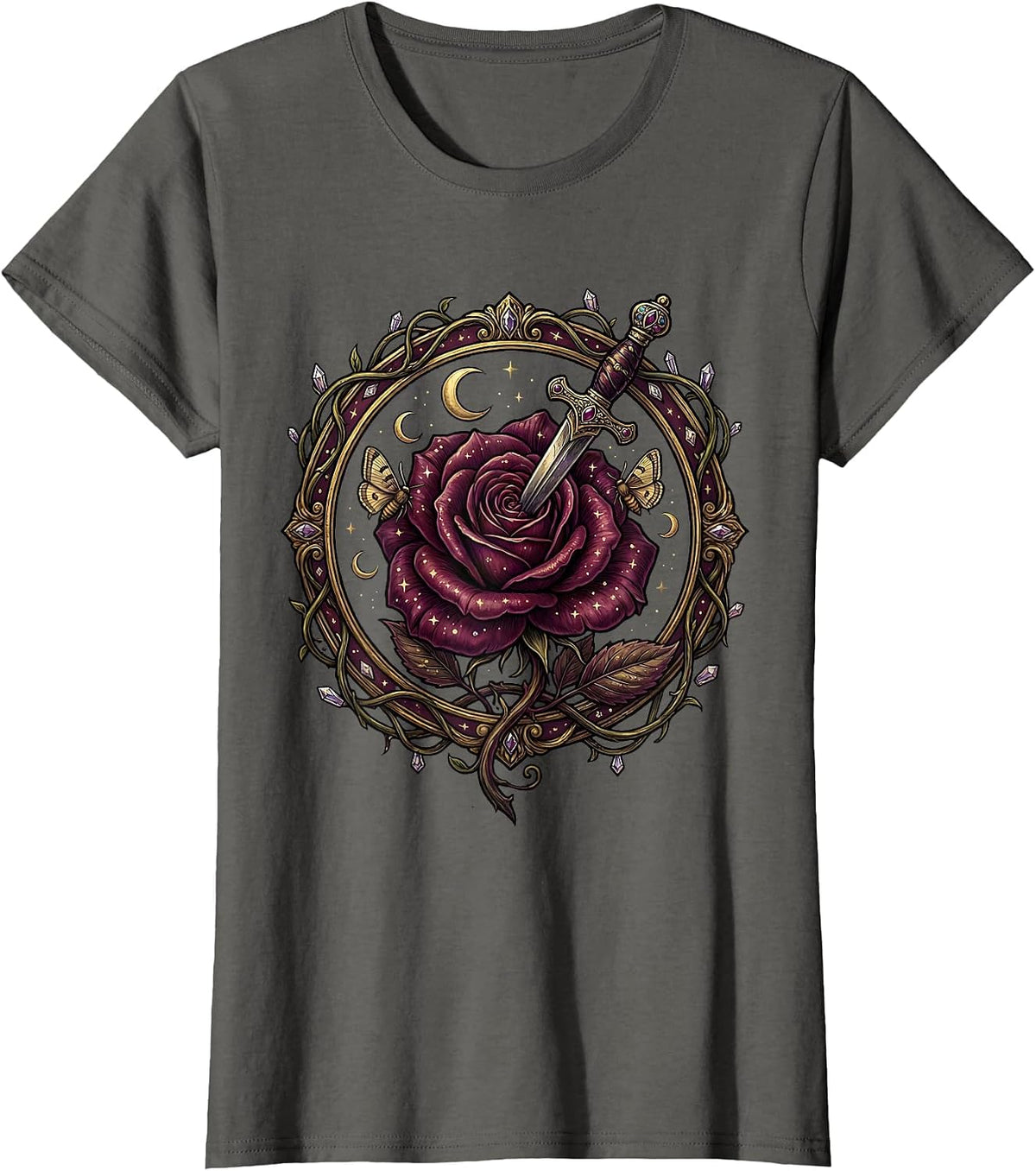Women's Emo Dagger Wilting Flower Dark Aesthetic Graphic T-Shirt - Asphalt Grey