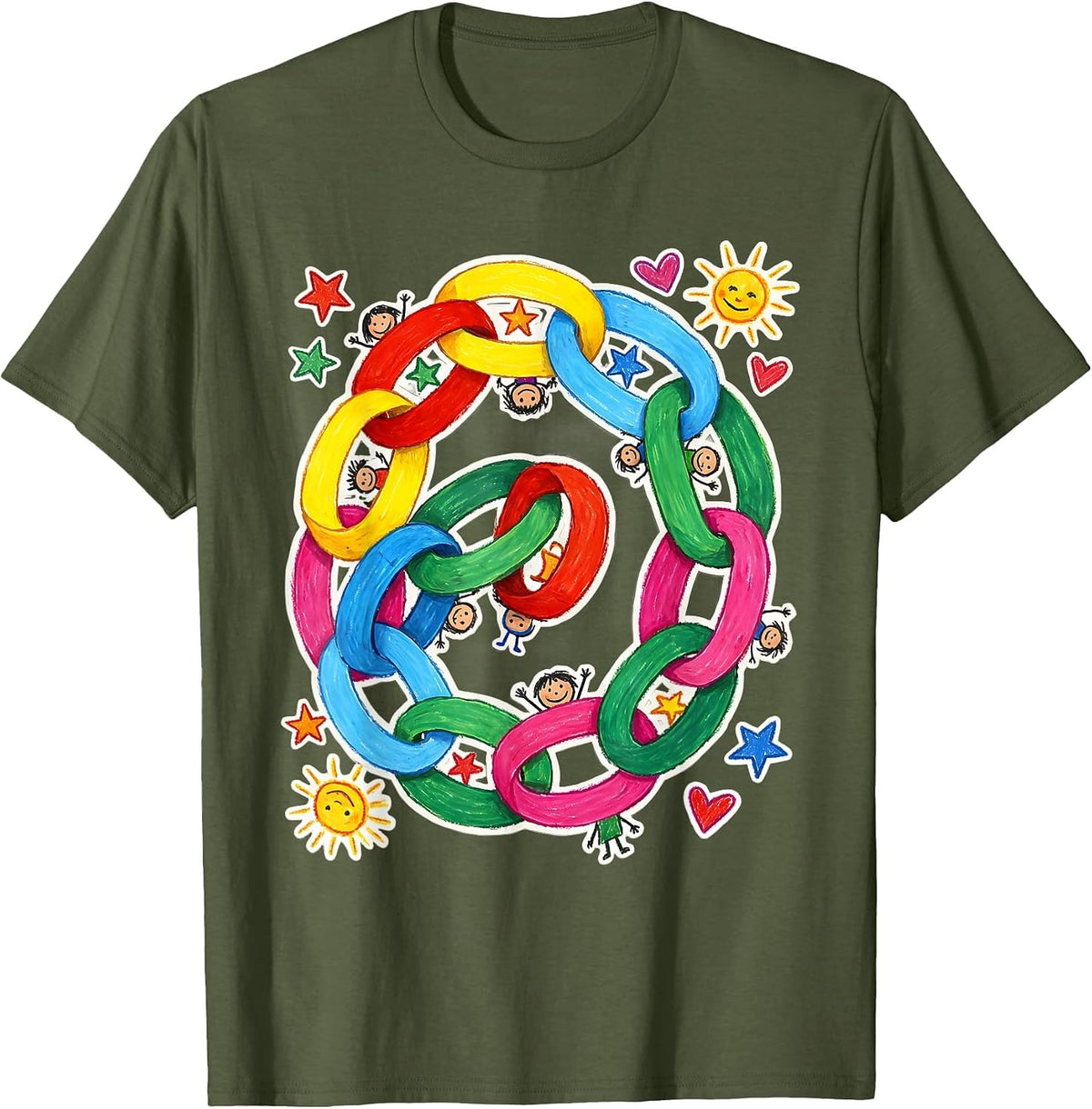 Men's Kindergarten Teacher Infinite Paper Chain Art T-Shirt - Olive Green