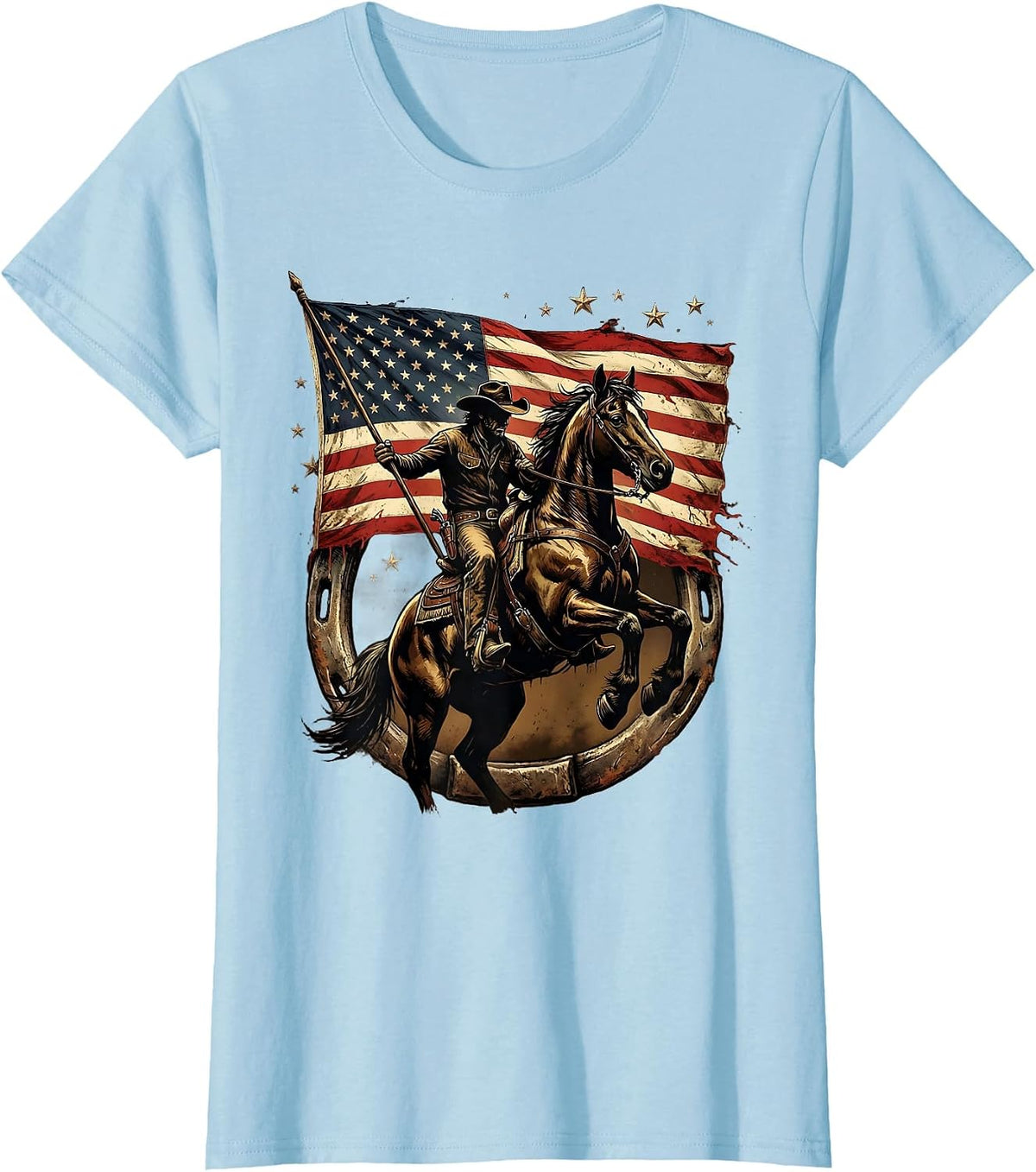 Cowboy on Horseback Carrying American Flag T-Shirt - Baby Blue