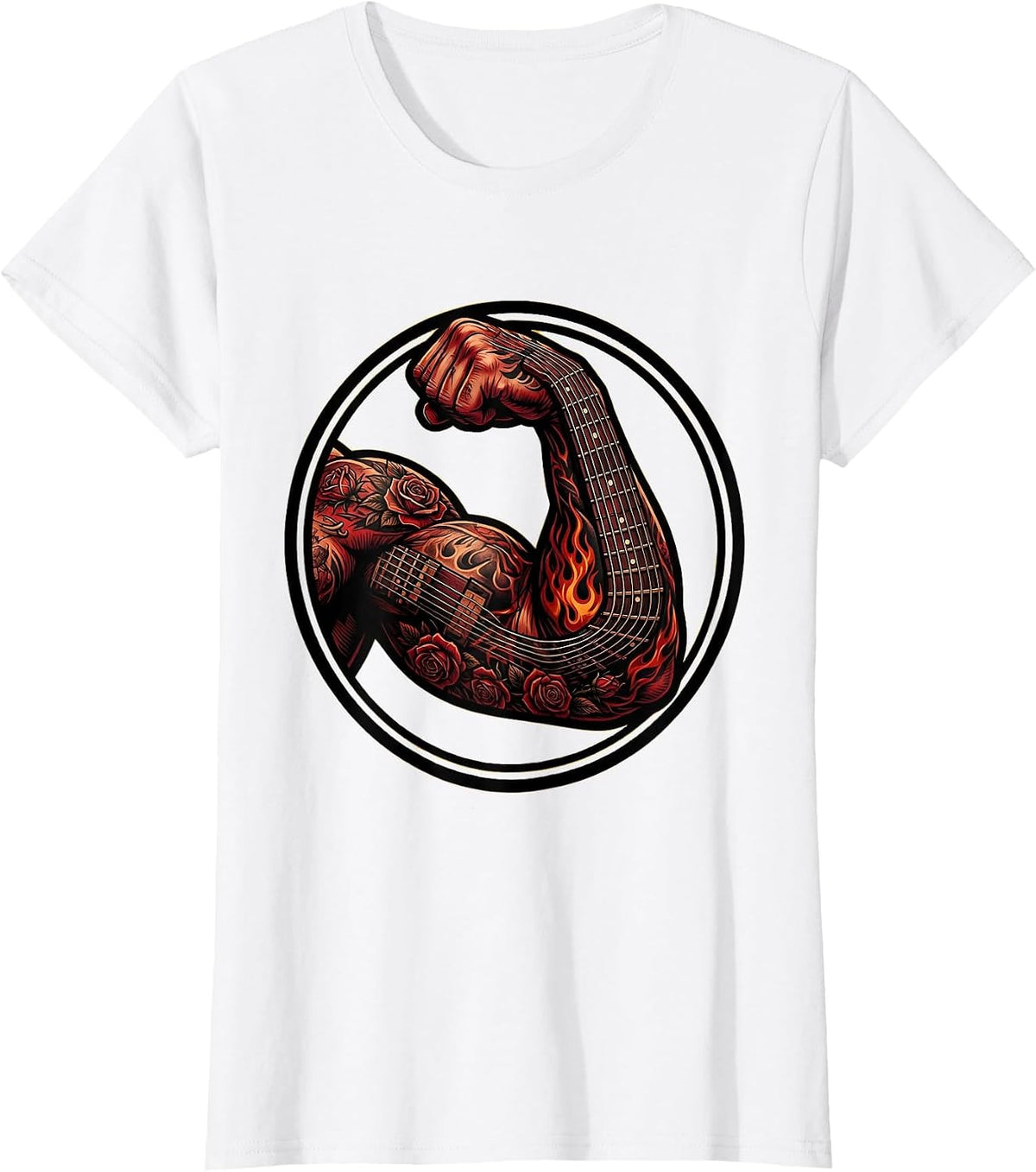 Muscular Arm Guitar Fretboard Tattoo Sleeve Art T-Shirt - White
