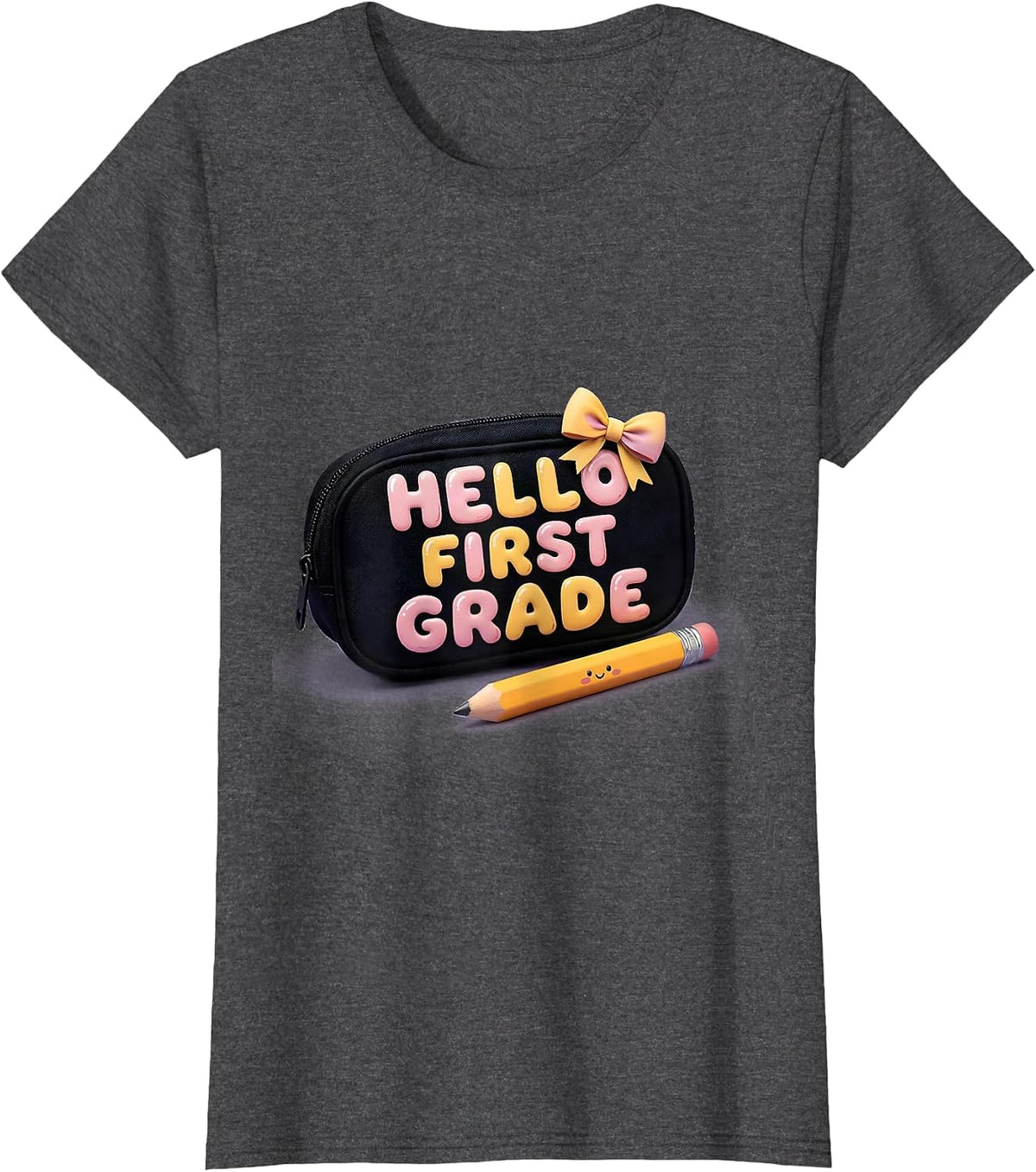 Women's Hello First Grade Cute Kawaii Bow Back To School Pencil T-Shirt - Dark Heather Grey