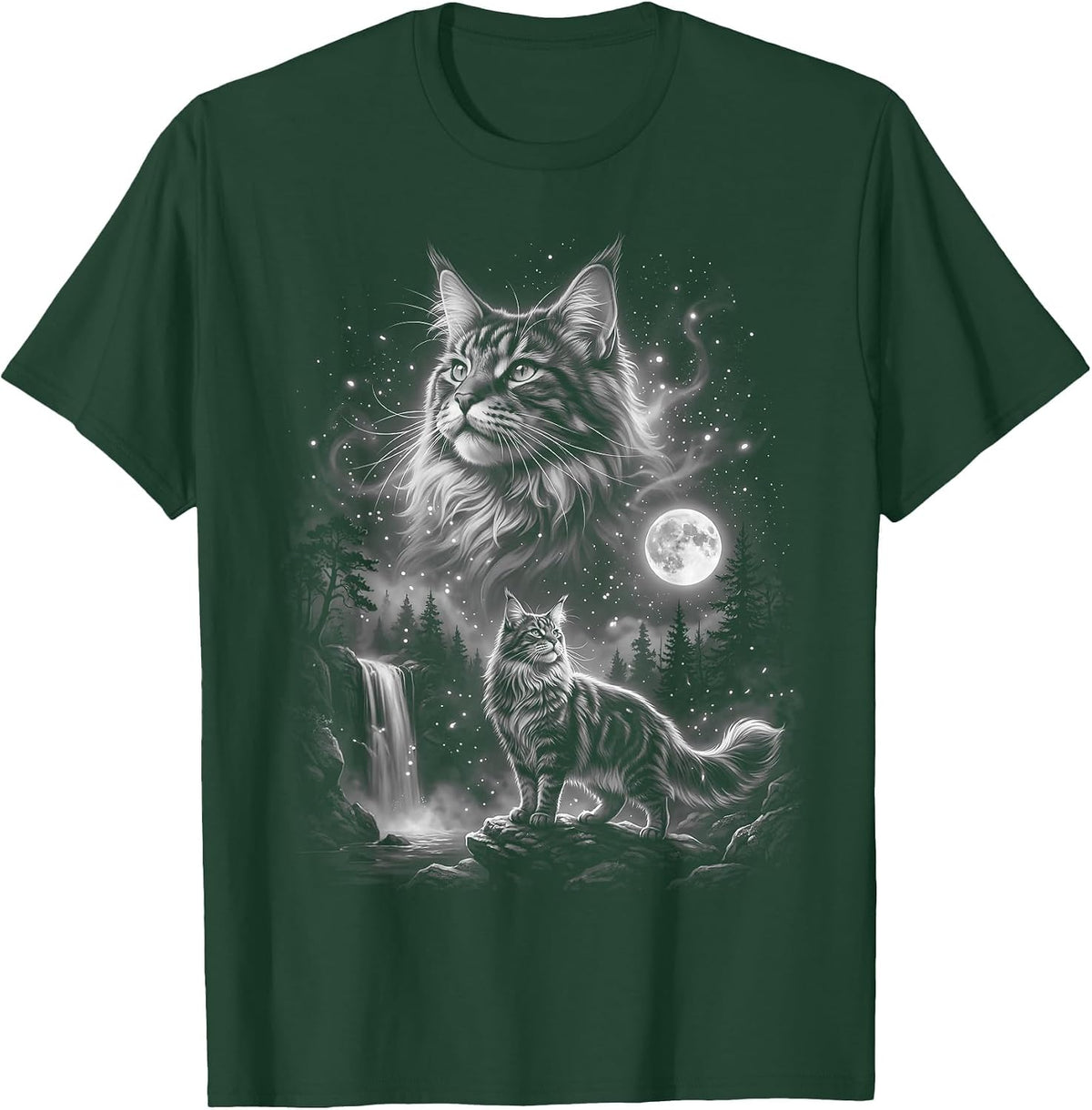 Maine Coon Cat Howling At The Moon T-Shirt - Dark Green
