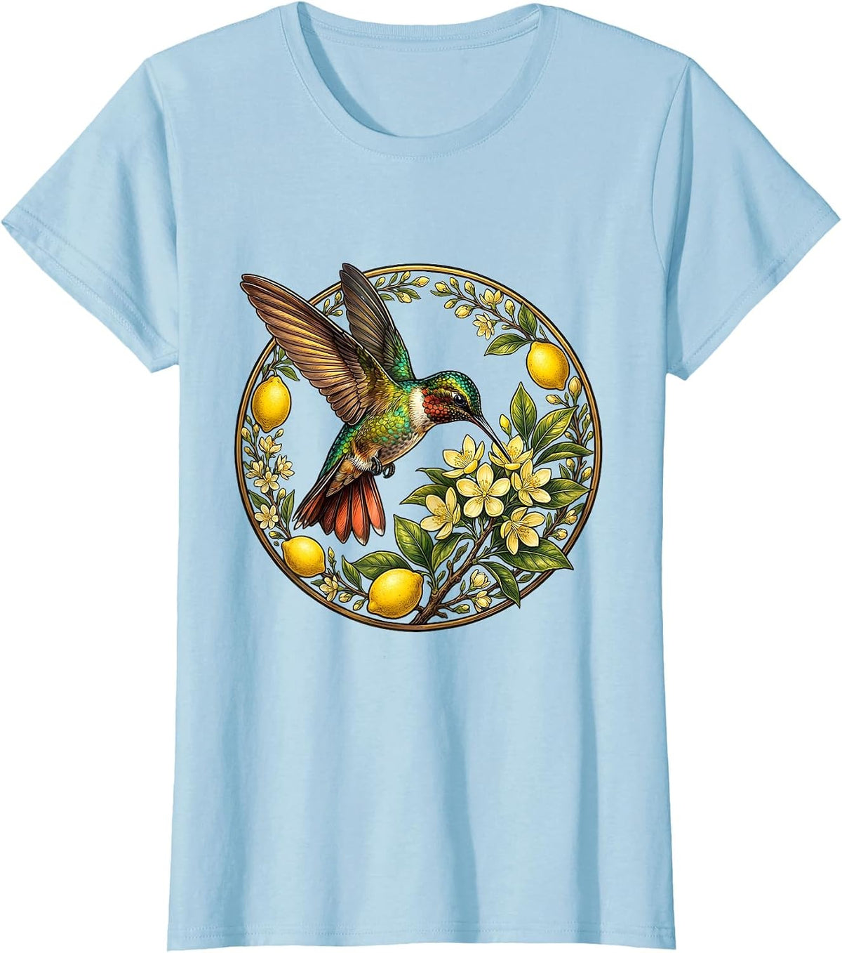 Hummingbird and Lemon Blossom Nature Design T-Shirt - Baby Blue