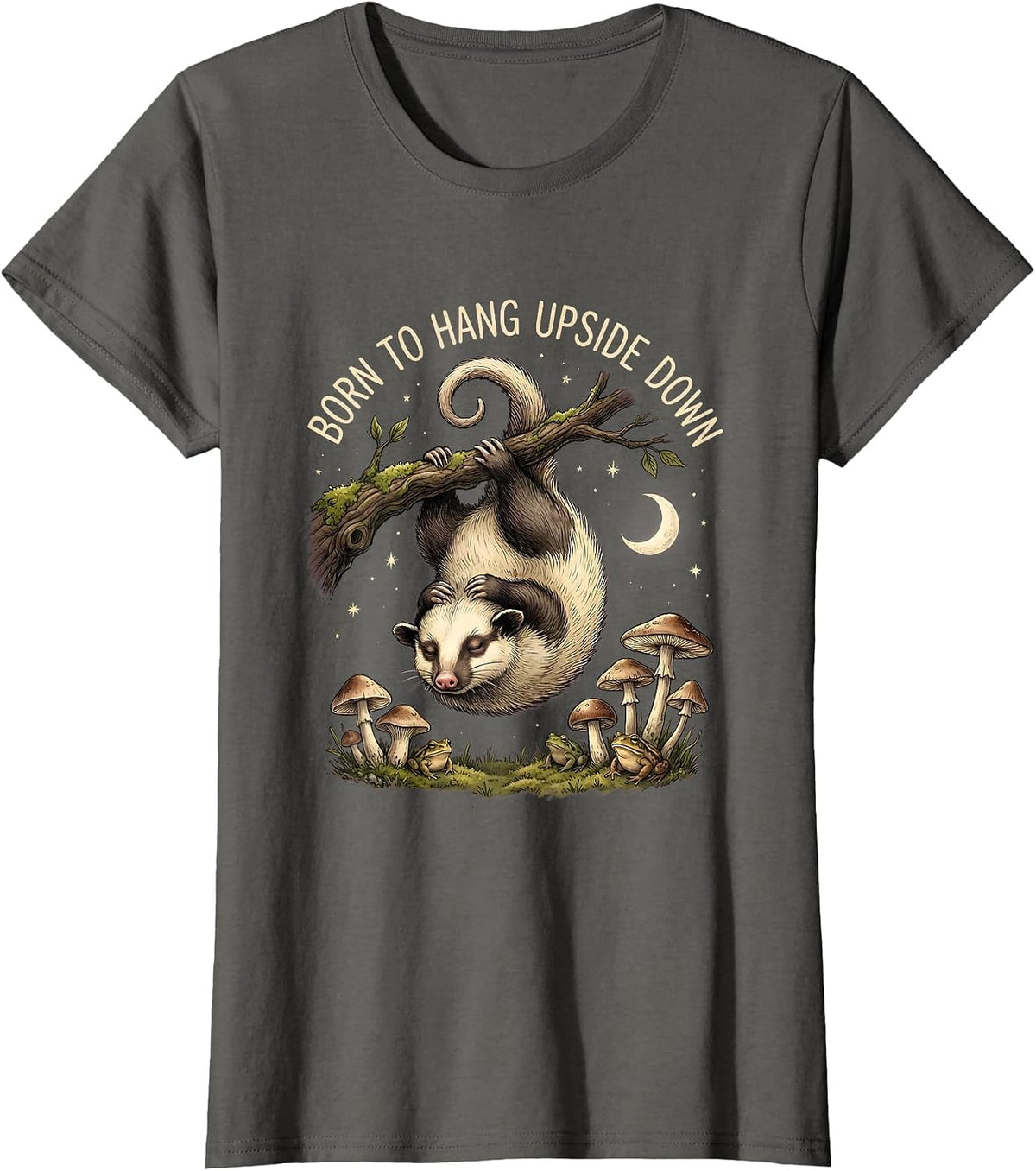 Women's Born to Hang Upside Down Opossum Design T-Shirt - Asphalt Grey