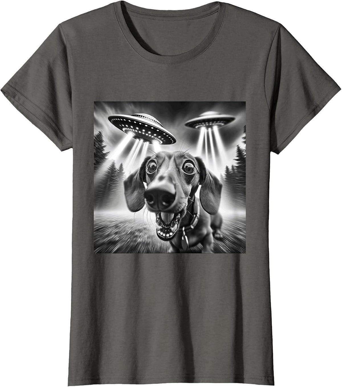 Funny Dachshund UFO Dachshund Graphic Men Women Kids T-Shirt - Asphalt Grey