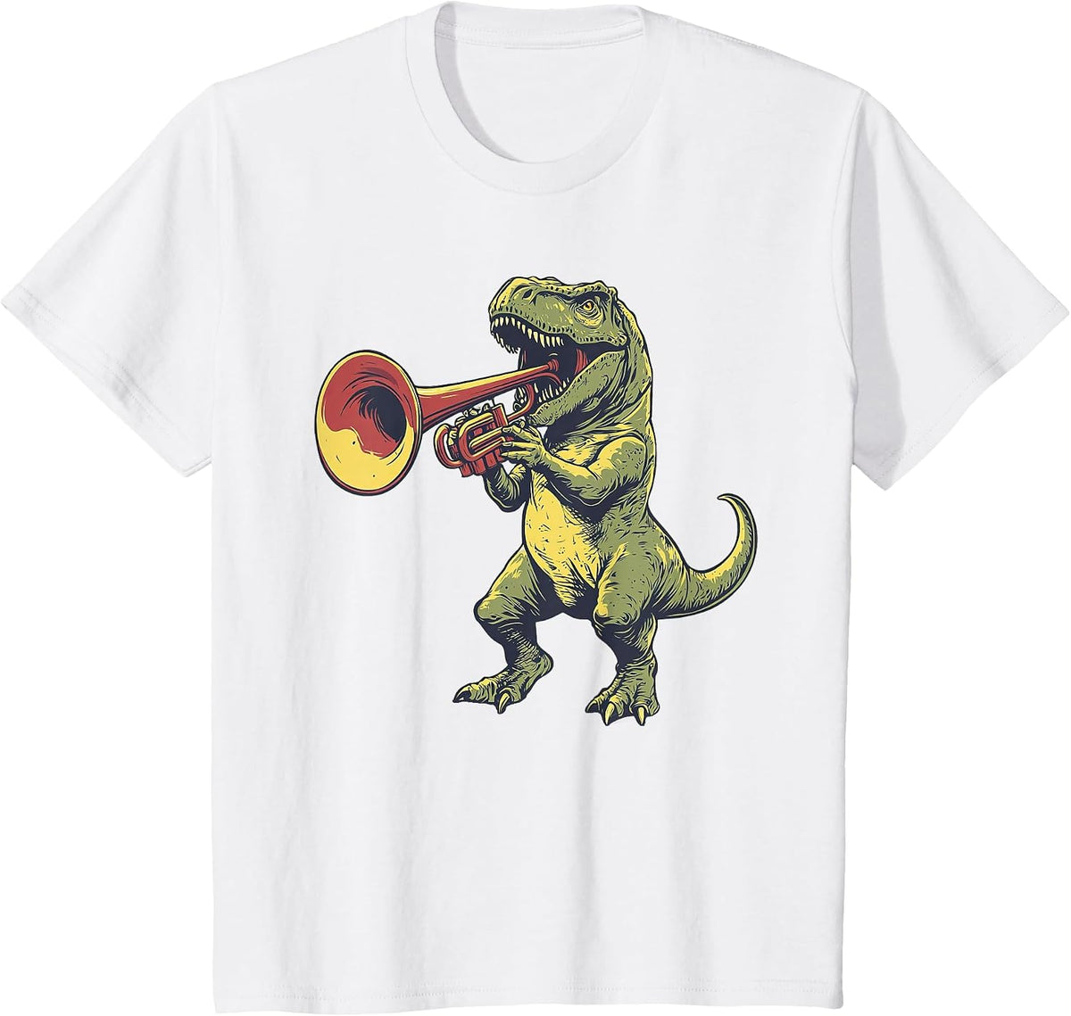 T-Rex Dinosaur Playing Trumpet Musician Music T-Shirt - White