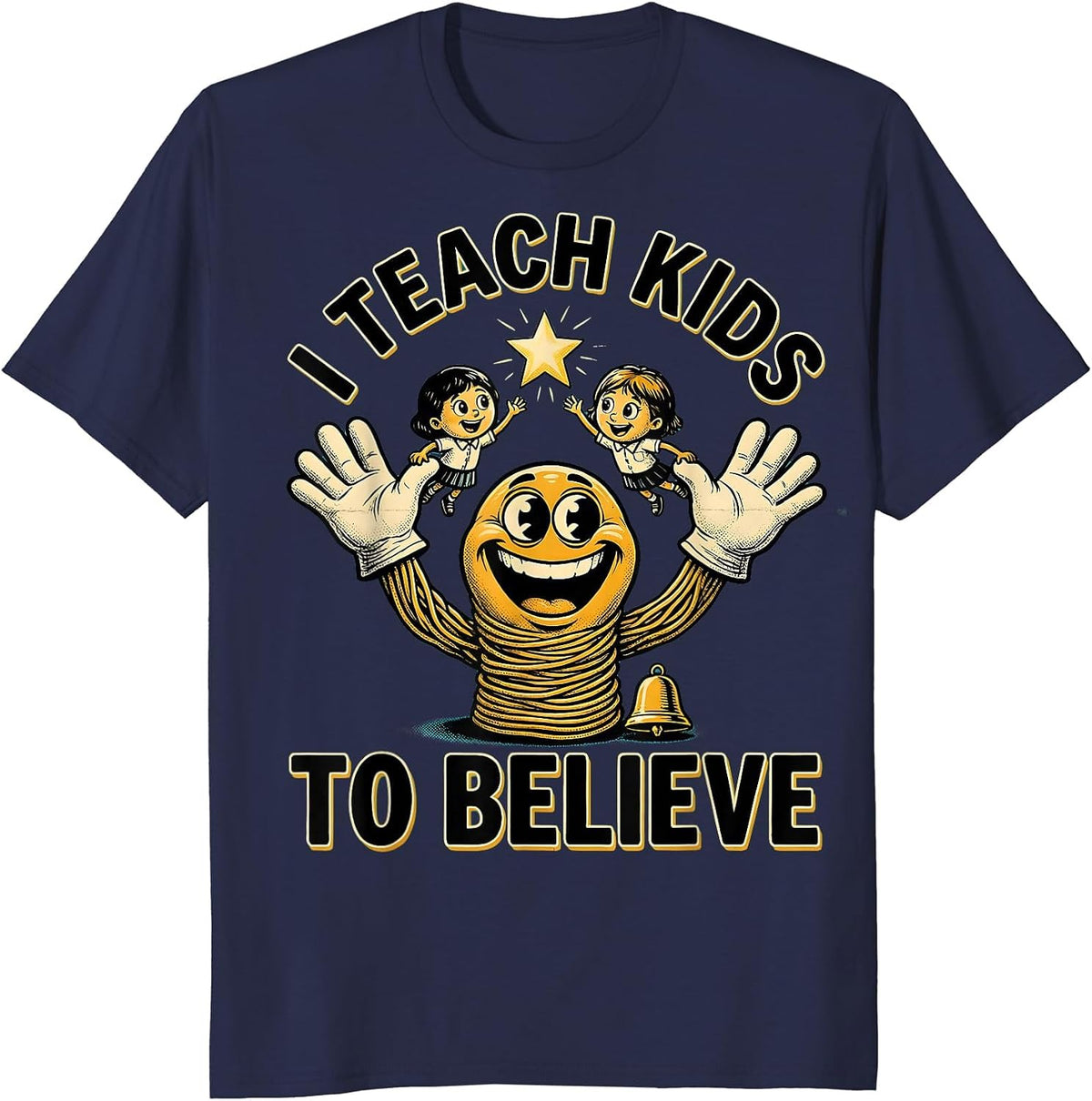 I Teach Kids To Believe Retro Cartoon Teacher Appreciation T-Shirt - Navy Blue