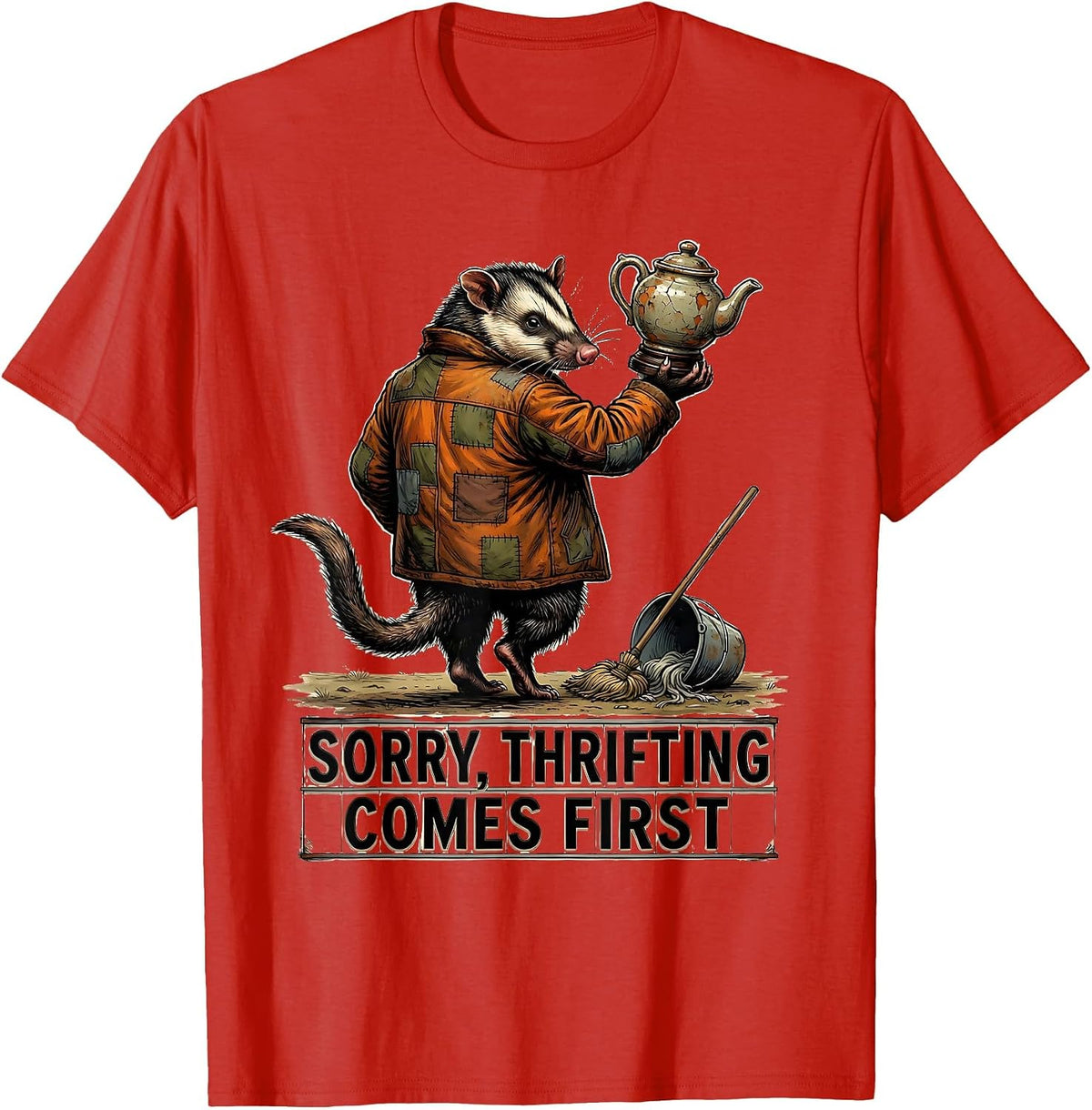 Men's Sorry Thrifting Comes First Funny Opossum Vintage Collector T-Shirt - Red