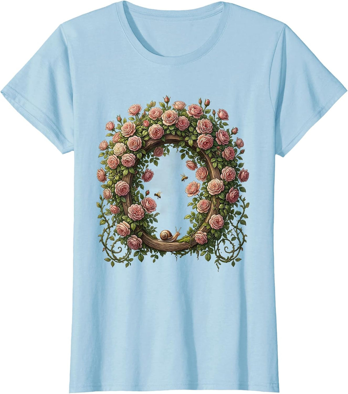 Women's Climbing Pink Roses Garden Arch Floral Design T-Shirt - Baby Blue