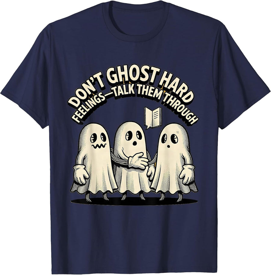 Don't Ghost Hard Feelings—Talk Them Through Retro Cartoon T-Shirt - Navy Blue