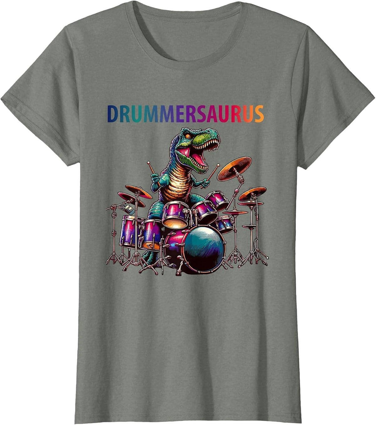 Dinosaur T-Rex Drummer Band Drumming Drums Boys Youth Kids T-Shirt - Olive Heather