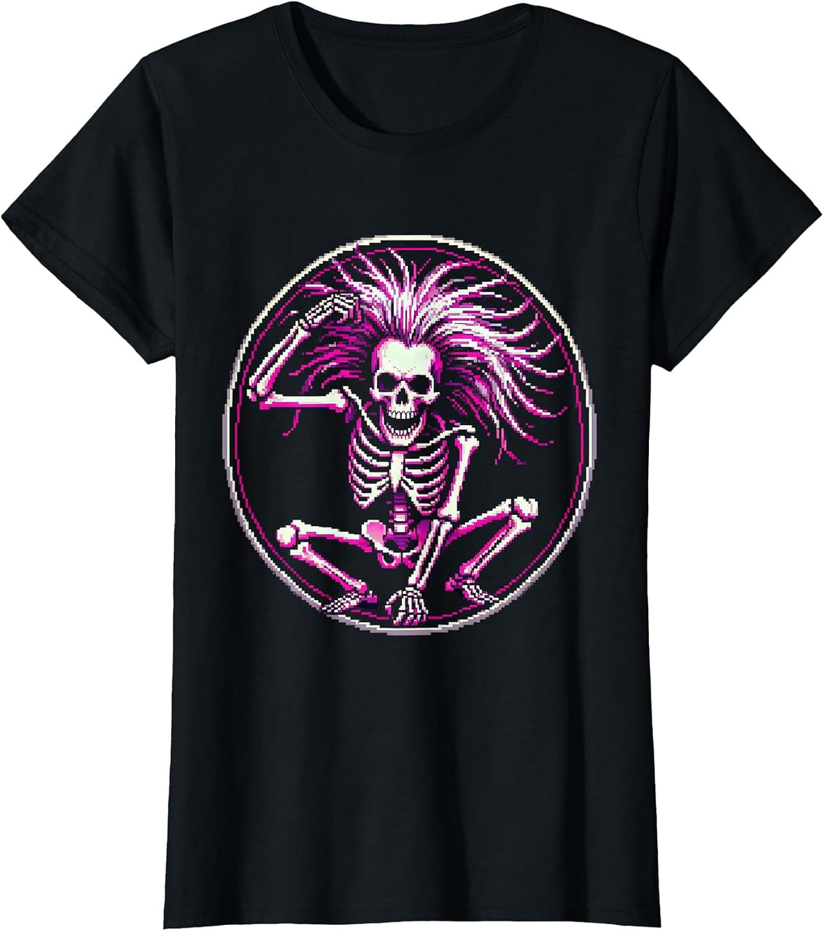 Dancing Skeleton Headbanging Rock Music Graphic T-Shirt - Black