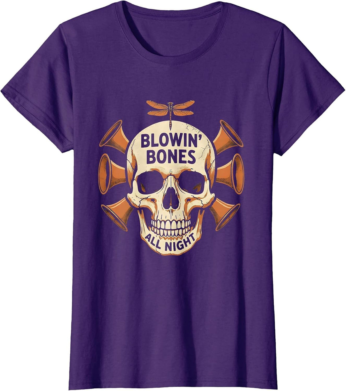 Women's Halloween Skeleton Trumpet Jazz Solo Design T-Shirt - Purple
