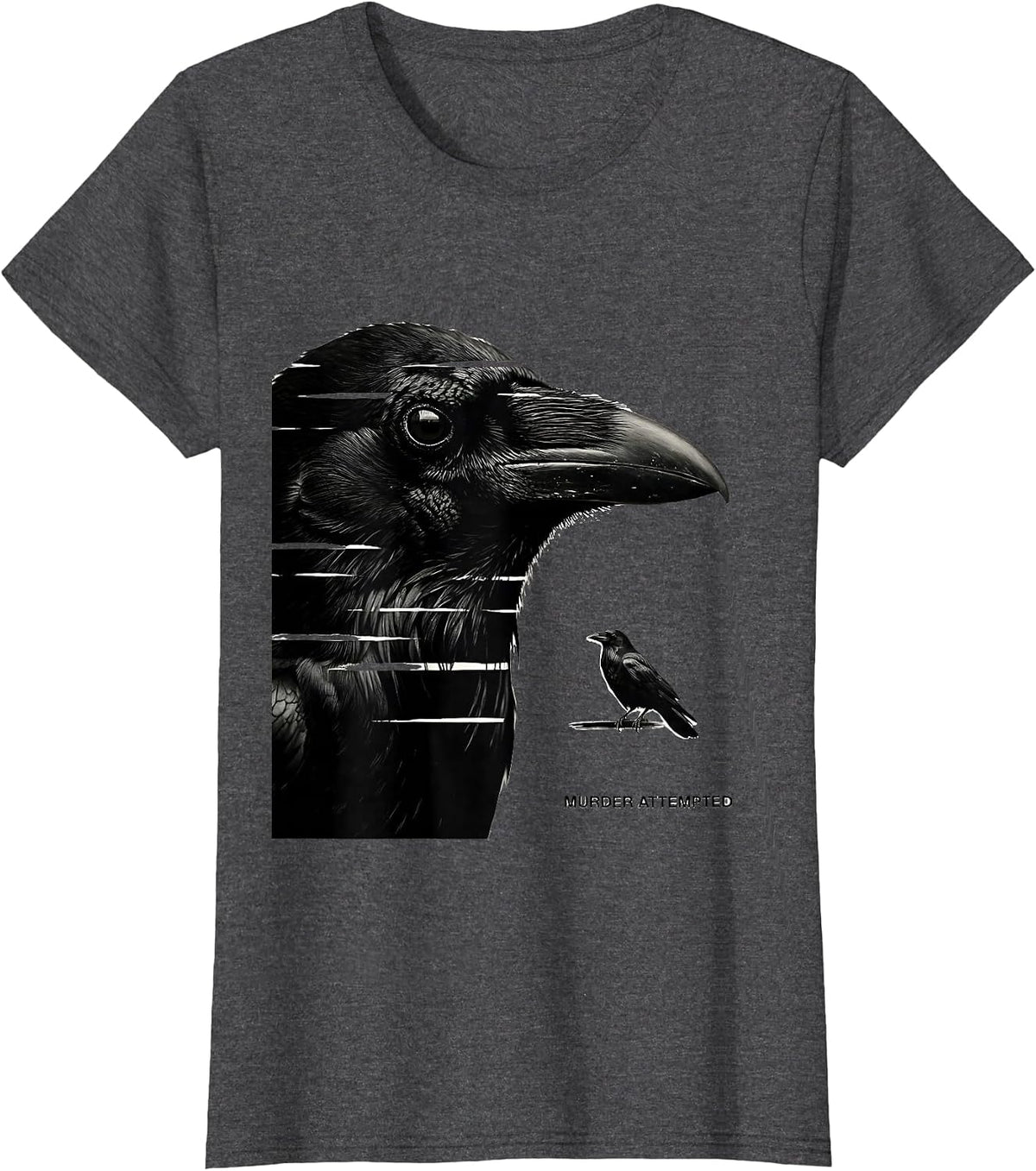 Women's Murder Attempted Minimalist Crow Humor Bird Lover Dark Pun T-Shirt - Dark Heather Grey