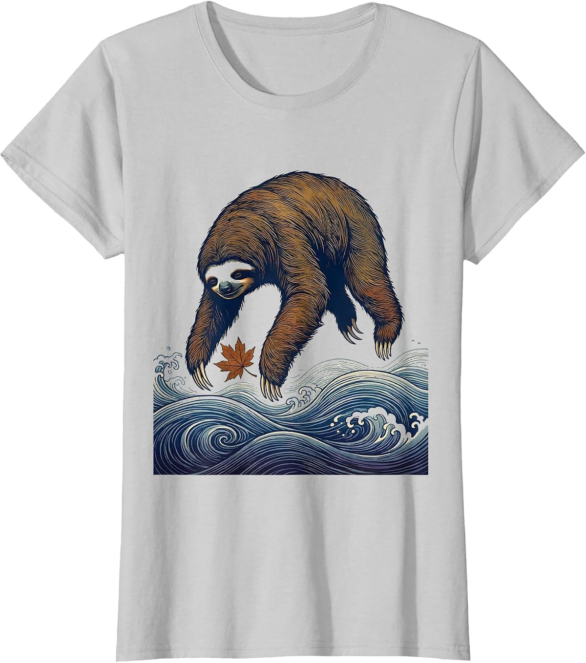 Sloth Ukiyo-e River Humor Animal Lover Gift T-Shirt - Silver Grey