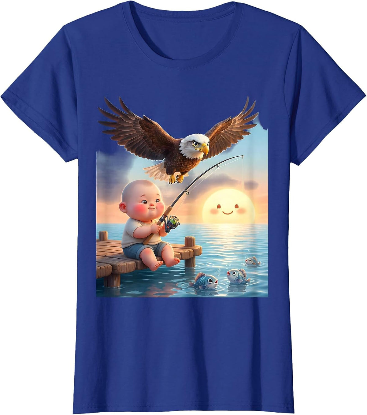 Women's Patriotic Kids Fishing at Sunset Eagle Design T-Shirt - Royal Blue