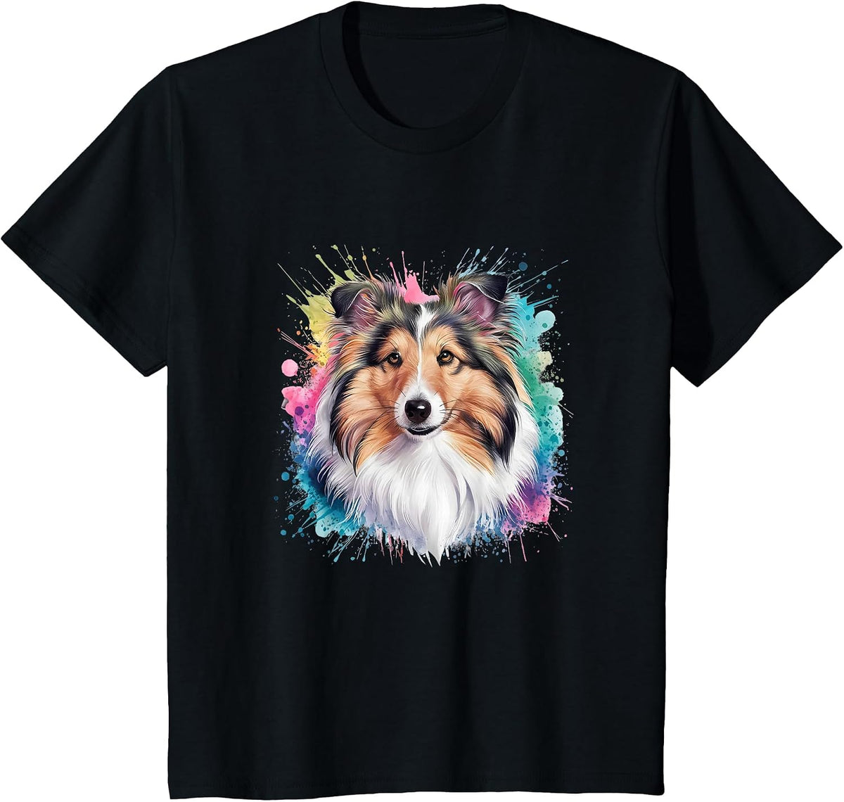Men Woman Colorful Watercolor Shetland Sheepdog T-Shirt - Black