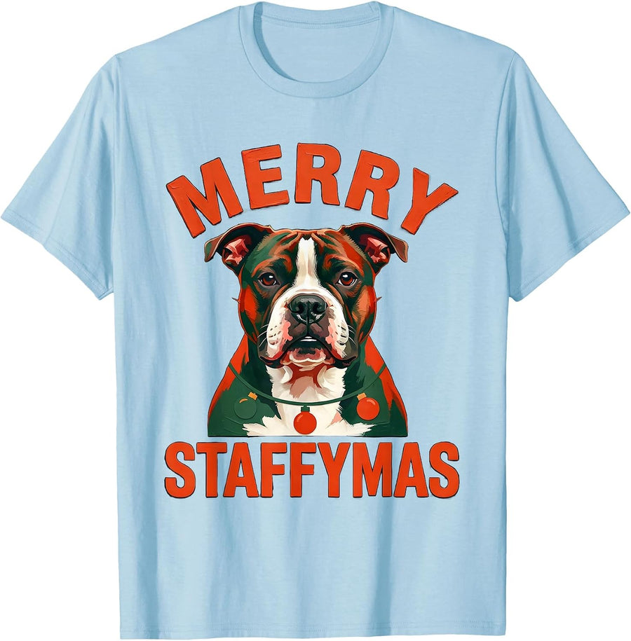 Men's Merry Staffymas Funny Staffordshire Bull Terrier Christmas T-Shirt - Baby Blue