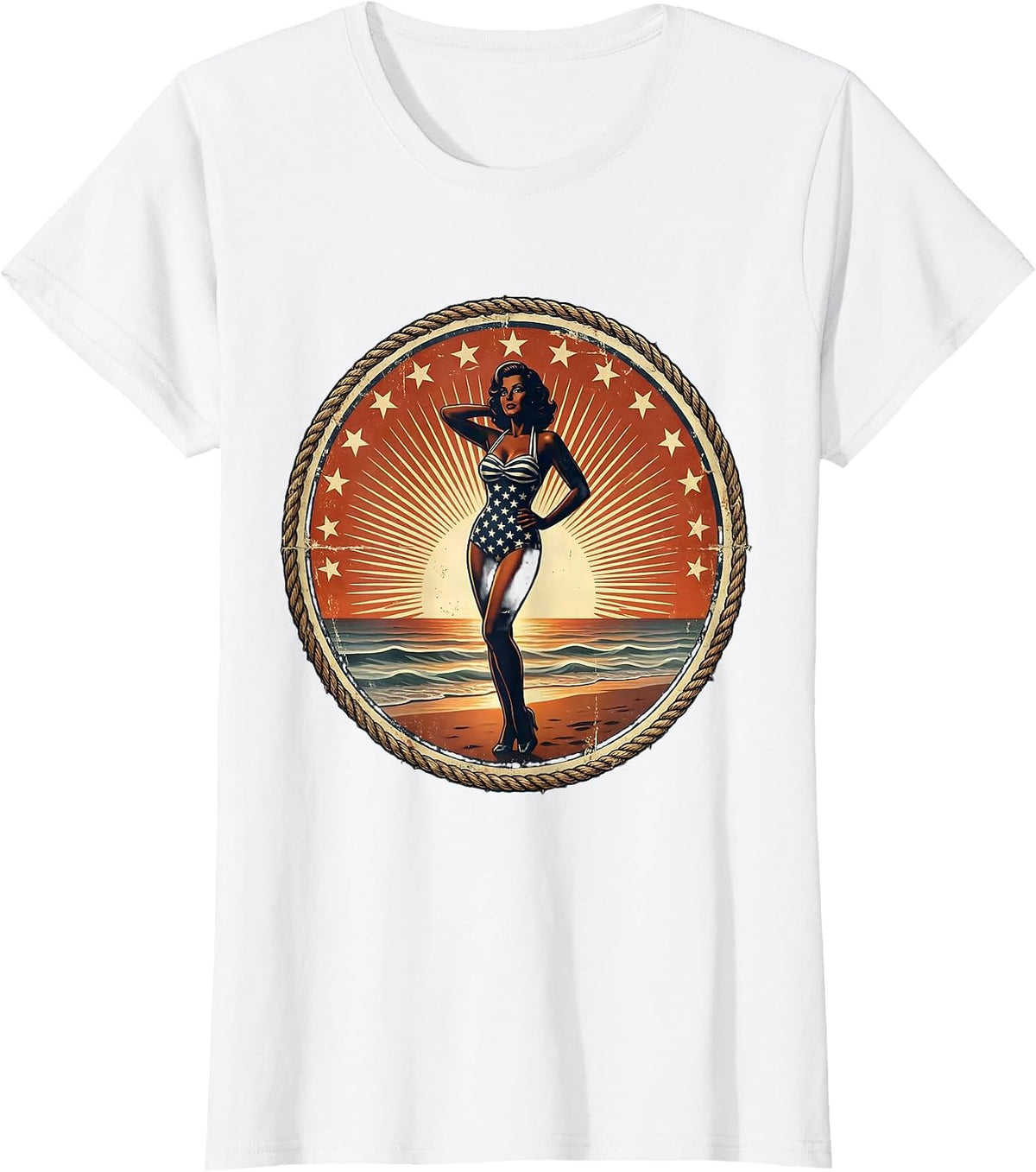 Patriotic Stars and Stripes Beachside Sunset T-Shirt - White