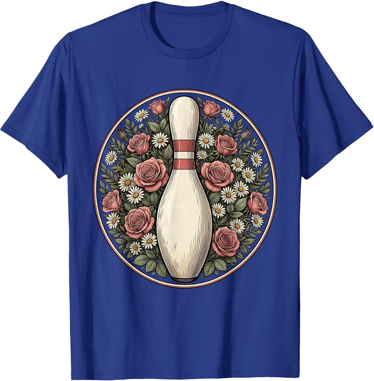 Floral Wreath Bowling Pin Illustration T-Shirt - Royal Blue