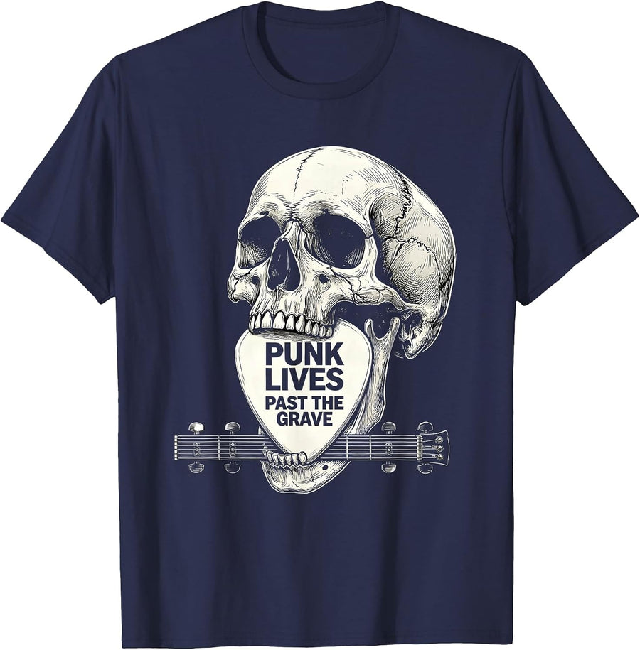 Punk Lives Past The Grave Irreverent Punk Rock Skull Guitar T-Shirt - Navy Blue