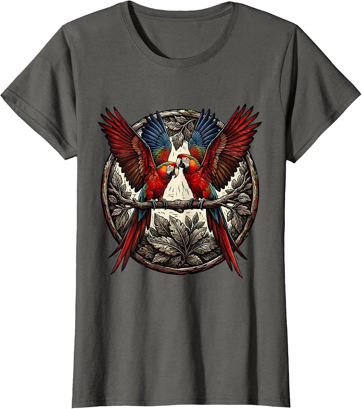 Women's Colombia Macaw Pair Rainforest Branch Illustration T-Shirt - Asphalt Grey