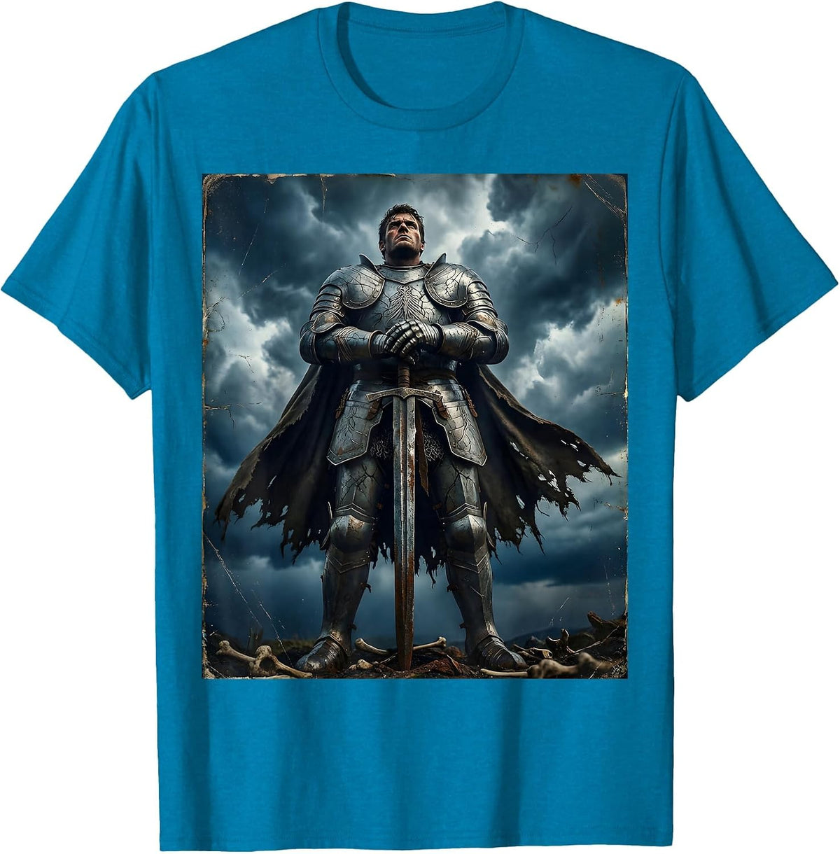 Ancient Warrior Standing Tall Against Dark Clouds T-Shirt - Sapphire Blue