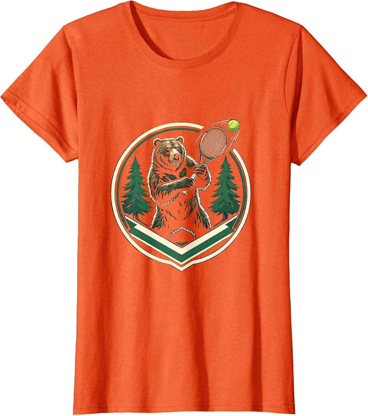 Bear Backhand Tennis Swing Pine Forest Graphic T-Shirt - Orange