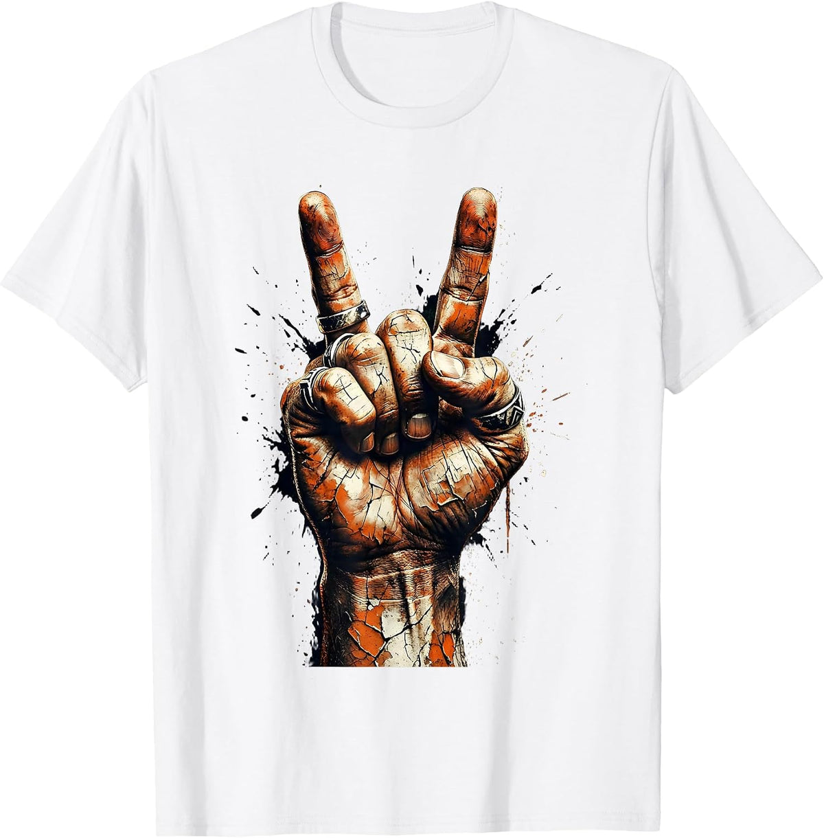 Men's Rock Devil Horns Hand Gesture Rings Graphic T-Shirt - White