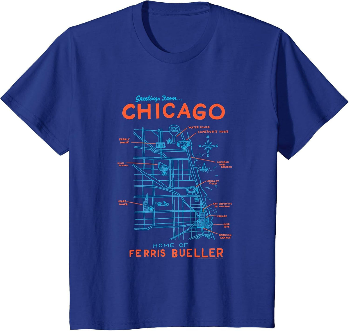 Ferris Bueller's Day Off Chicago Map Funny Movie T-Shirt - Royal Blue