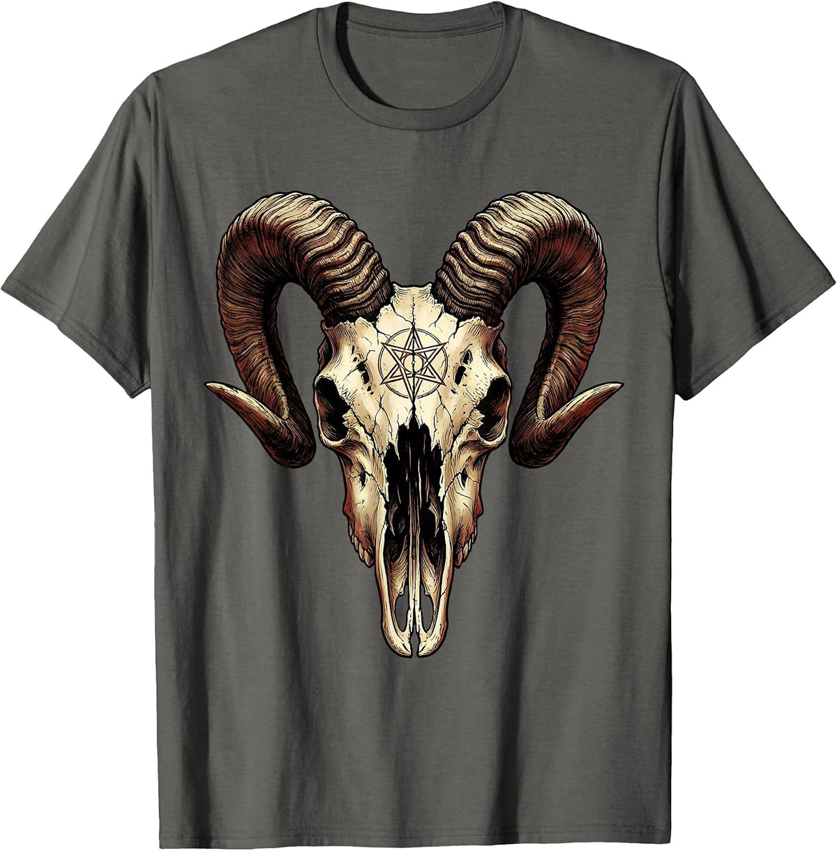 Demonic Goat Skull Curling Horns Horror Illustration T-Shirt - Asphalt Grey