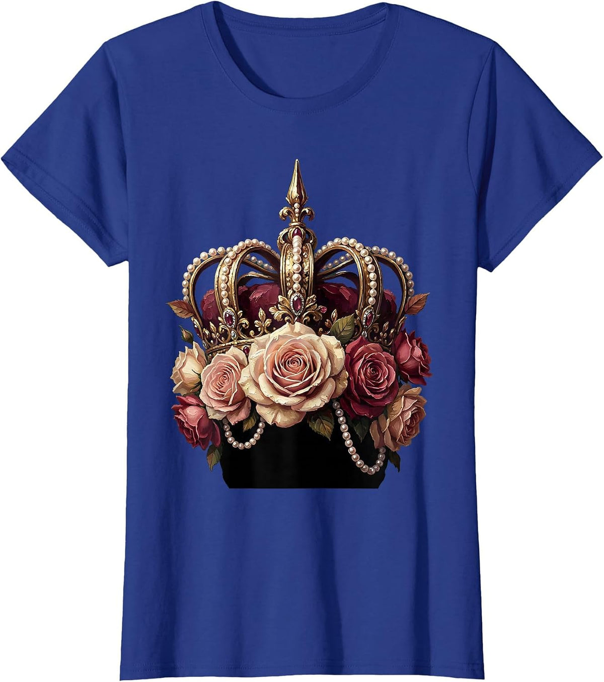 Women's Showgirl Crown Pearls and Roses Illustration T-Shirt - Royal Blue
