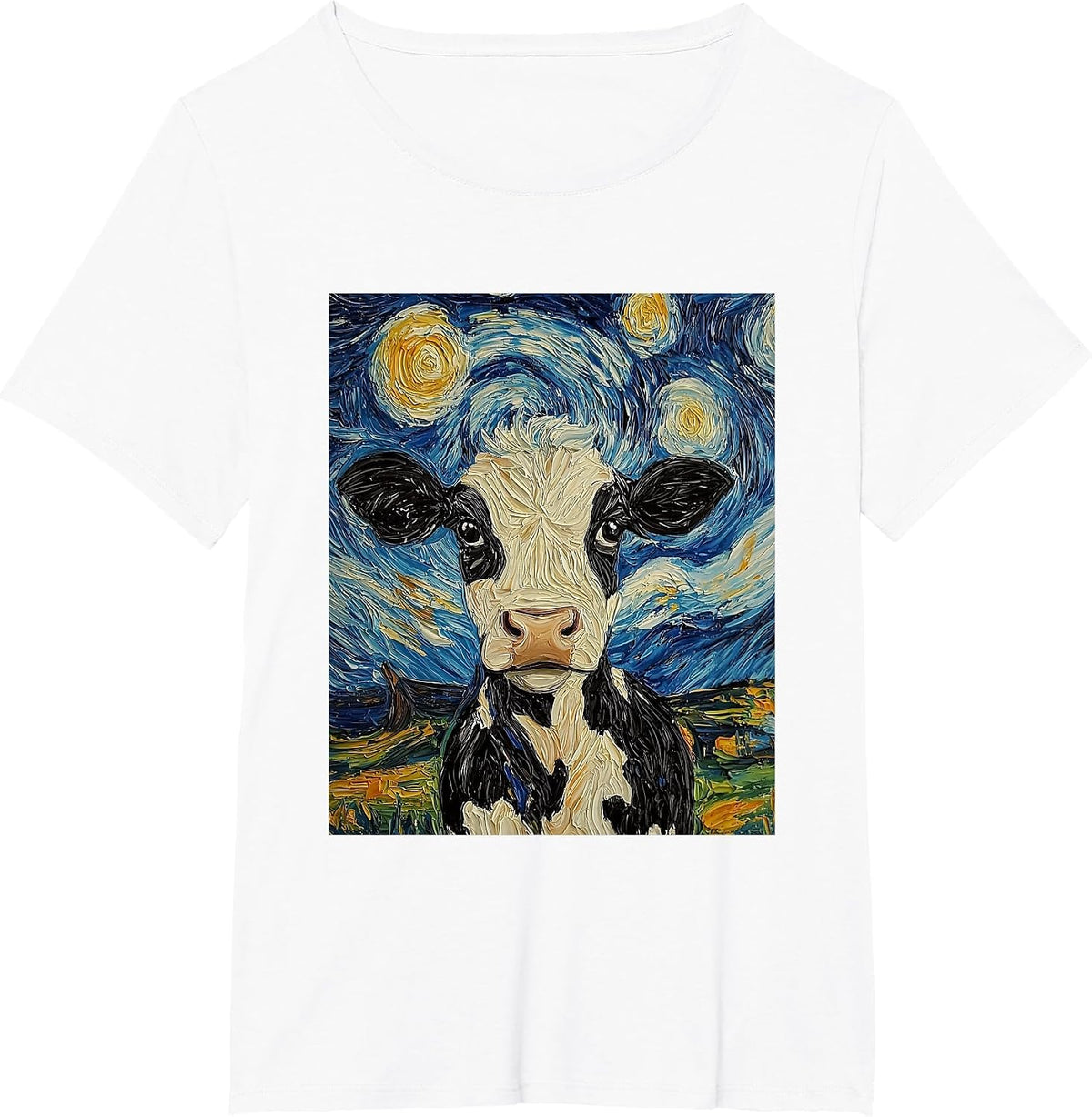Cow Van Gogh Style Starry Night Funny Graphic T-Shirt - White