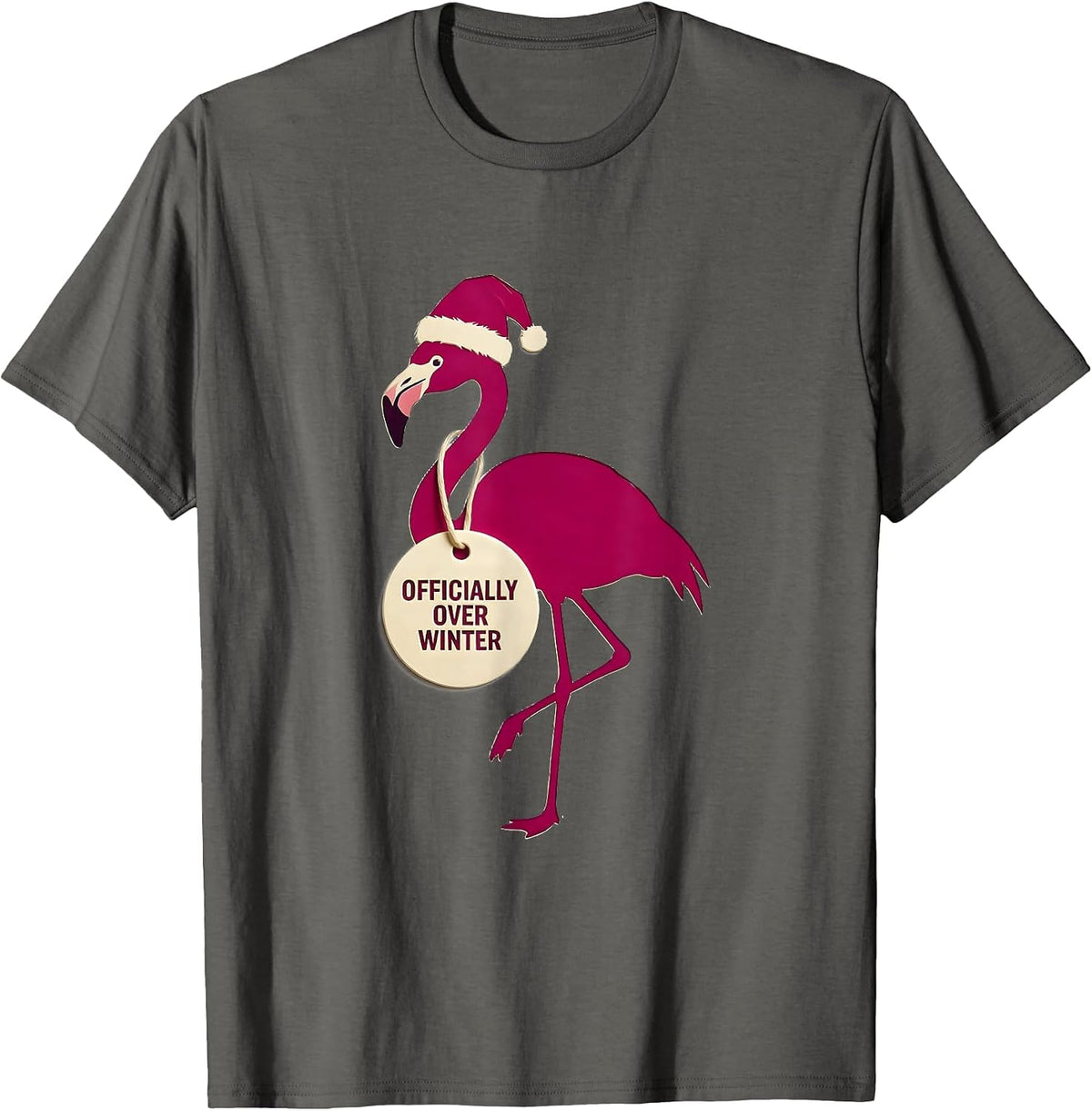 Officially Over Winter Funny Pink Flamingo Santa Hat T-Shirt - Asphalt Grey