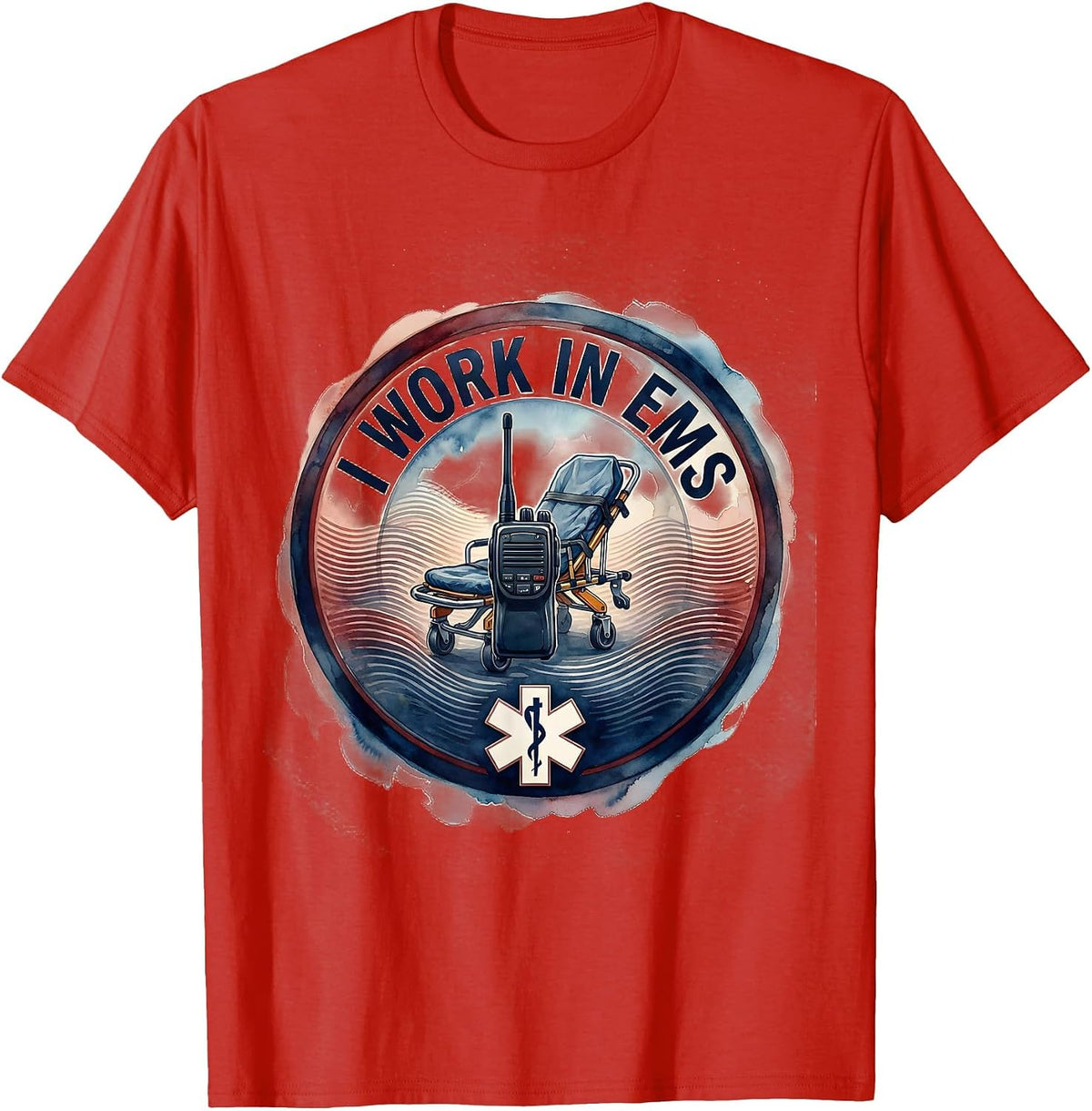 Men's I Work in EMS Watercolor EMT Paramedic First Responder Gift T-Shirt - Red