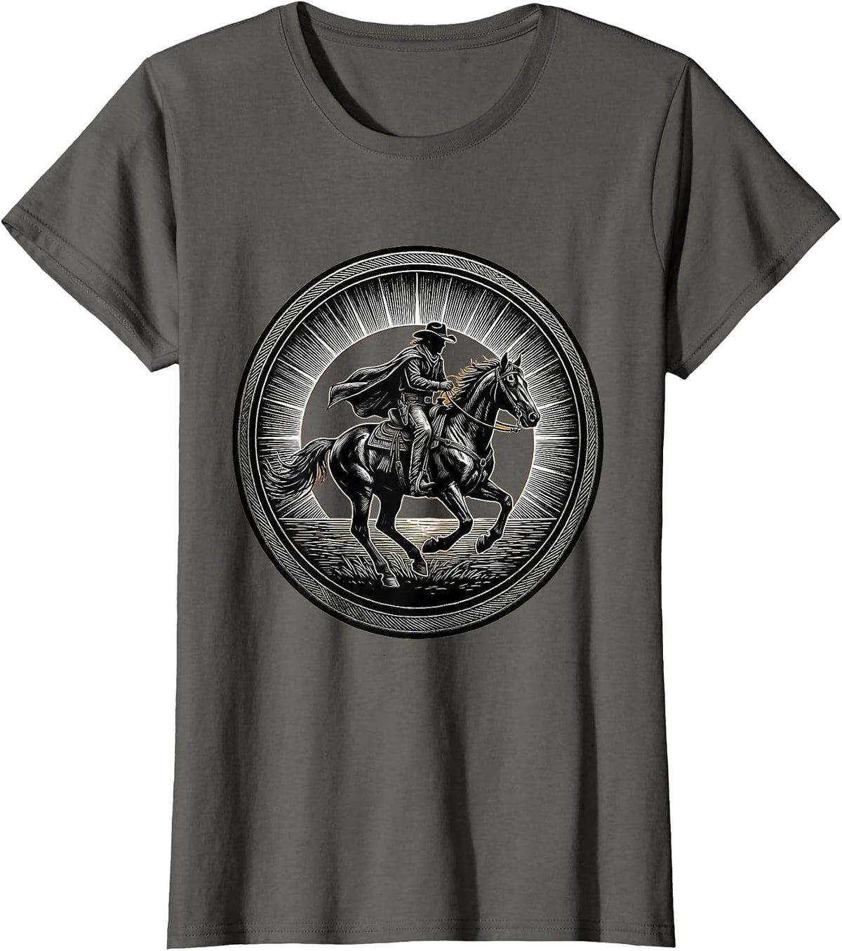 Women's Cowboy Riding Horse at Sunset Silhouette T-Shirt - Asphalt Grey