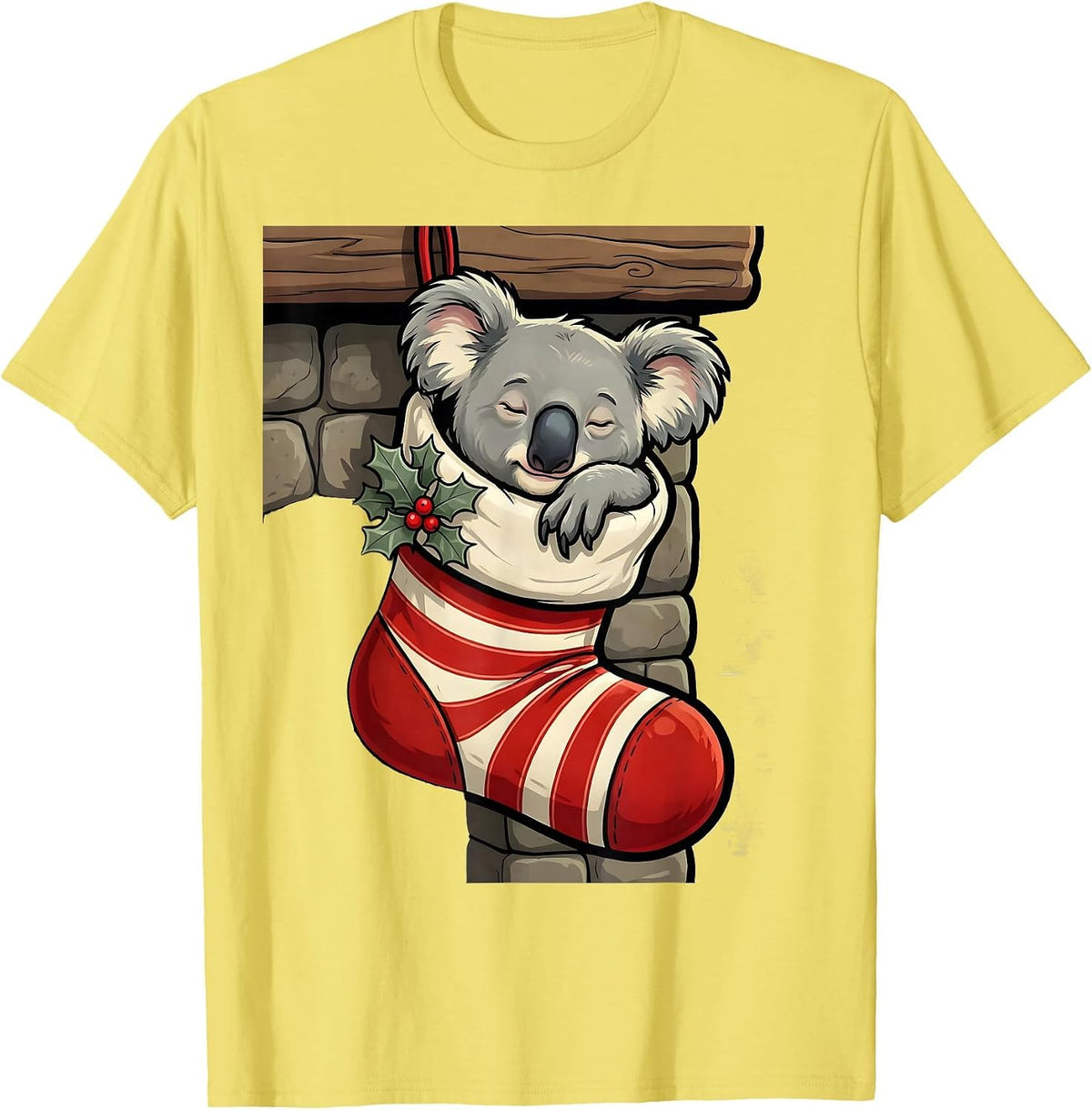 Men's Koala In Christmas Stocking Cartoon Funny Novelty T-Shirt - Lemon Yellow
