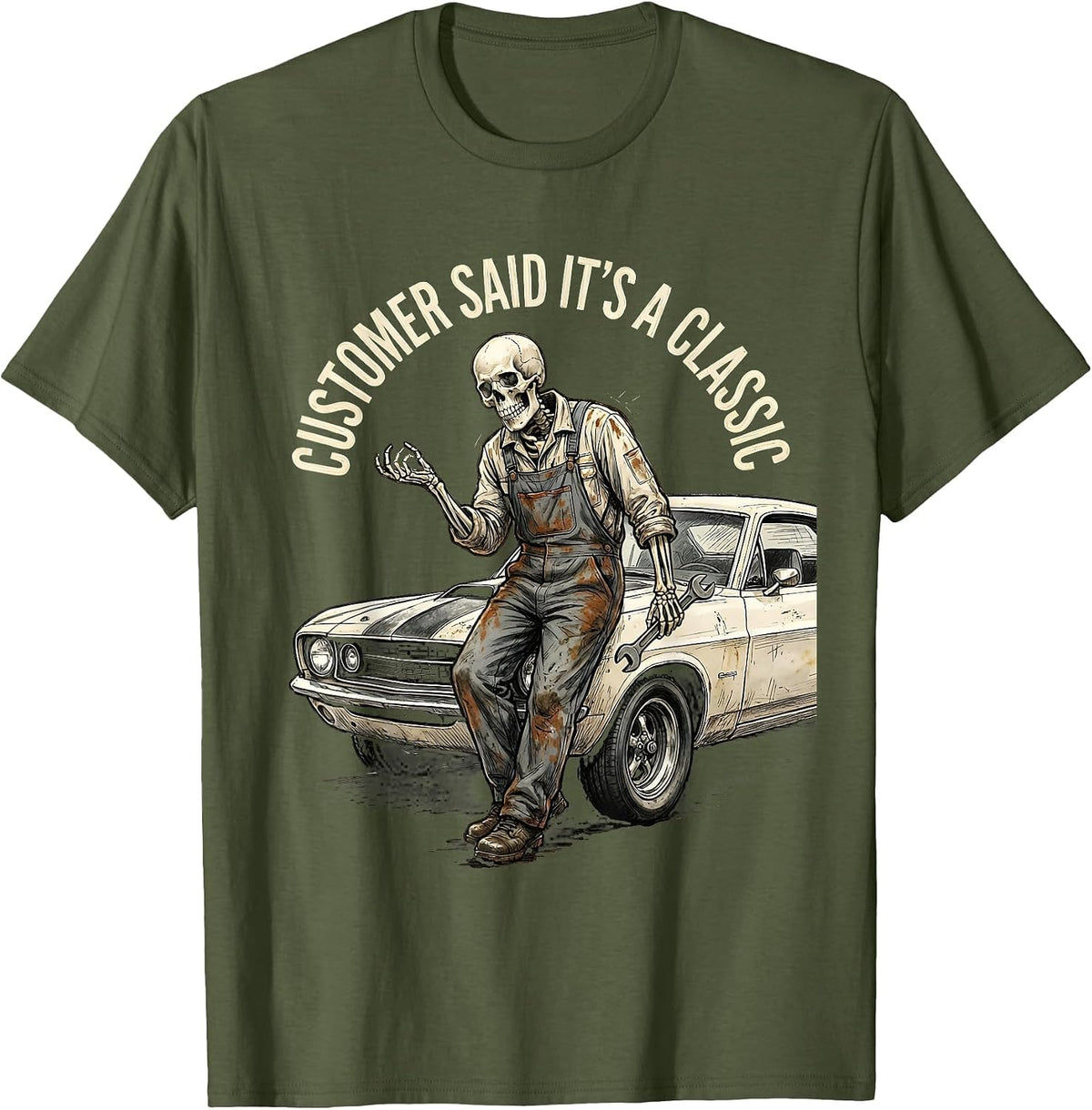 Customer Said It's A Classic Mechanic Skeleton Design T-Shirt - Olive Green