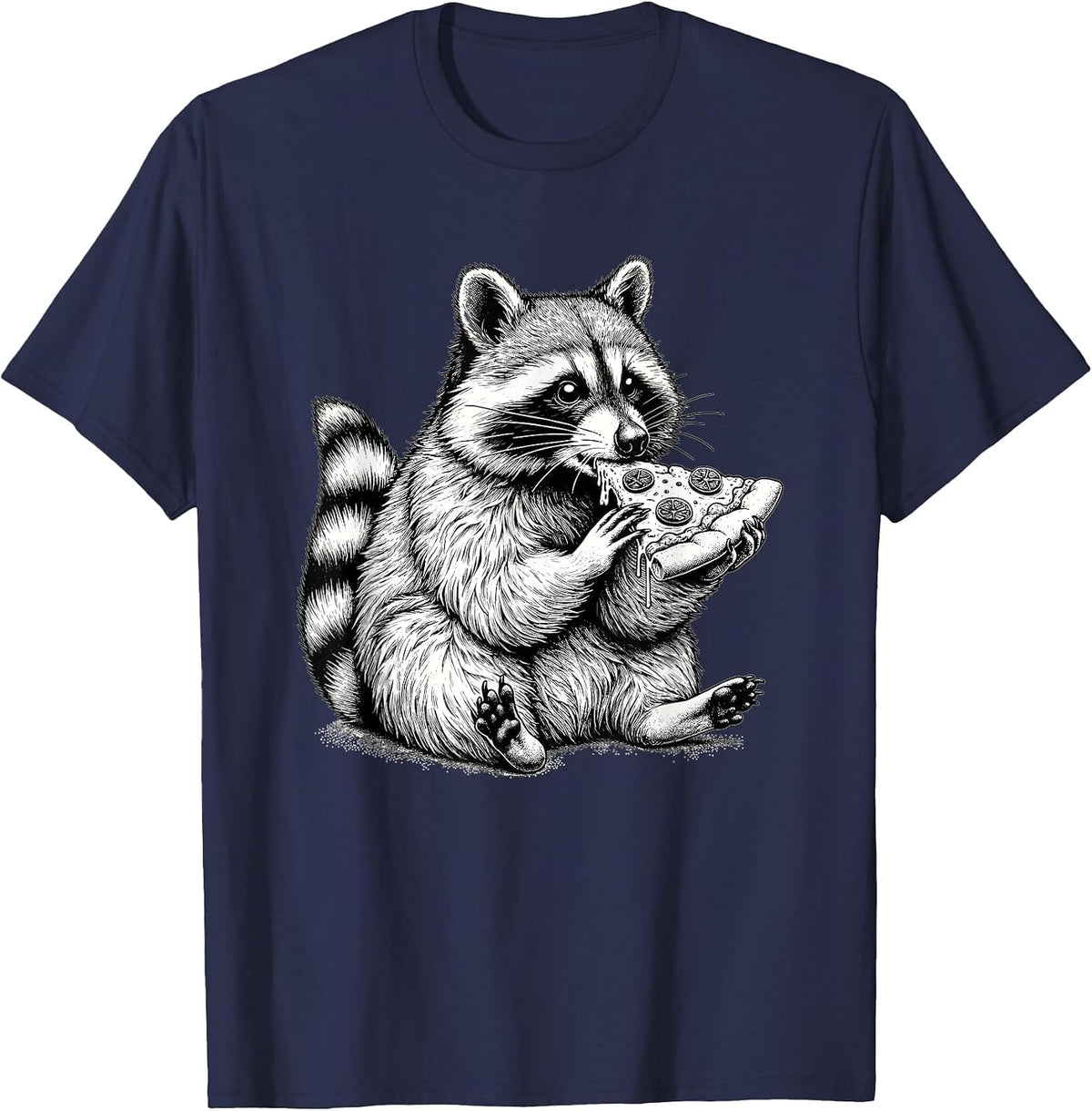Raccoon Eating Pizza Slice Hand Drawn Art Cute Raccoon T-Shirt - Navy Blue