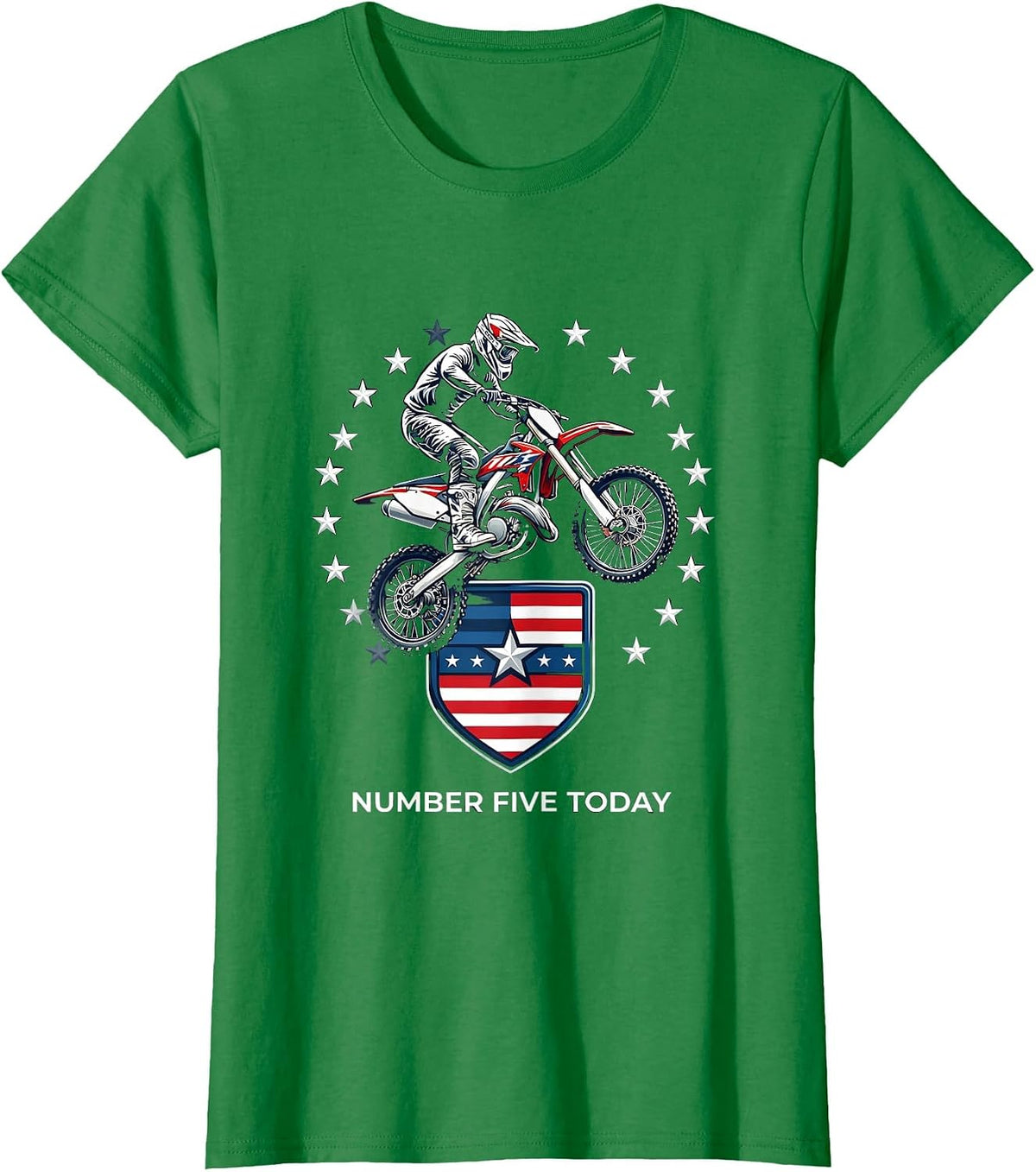 Women's Number Five Today Patriotic Kids Dirt Bike Birthday T-Shirt - Kelly Green