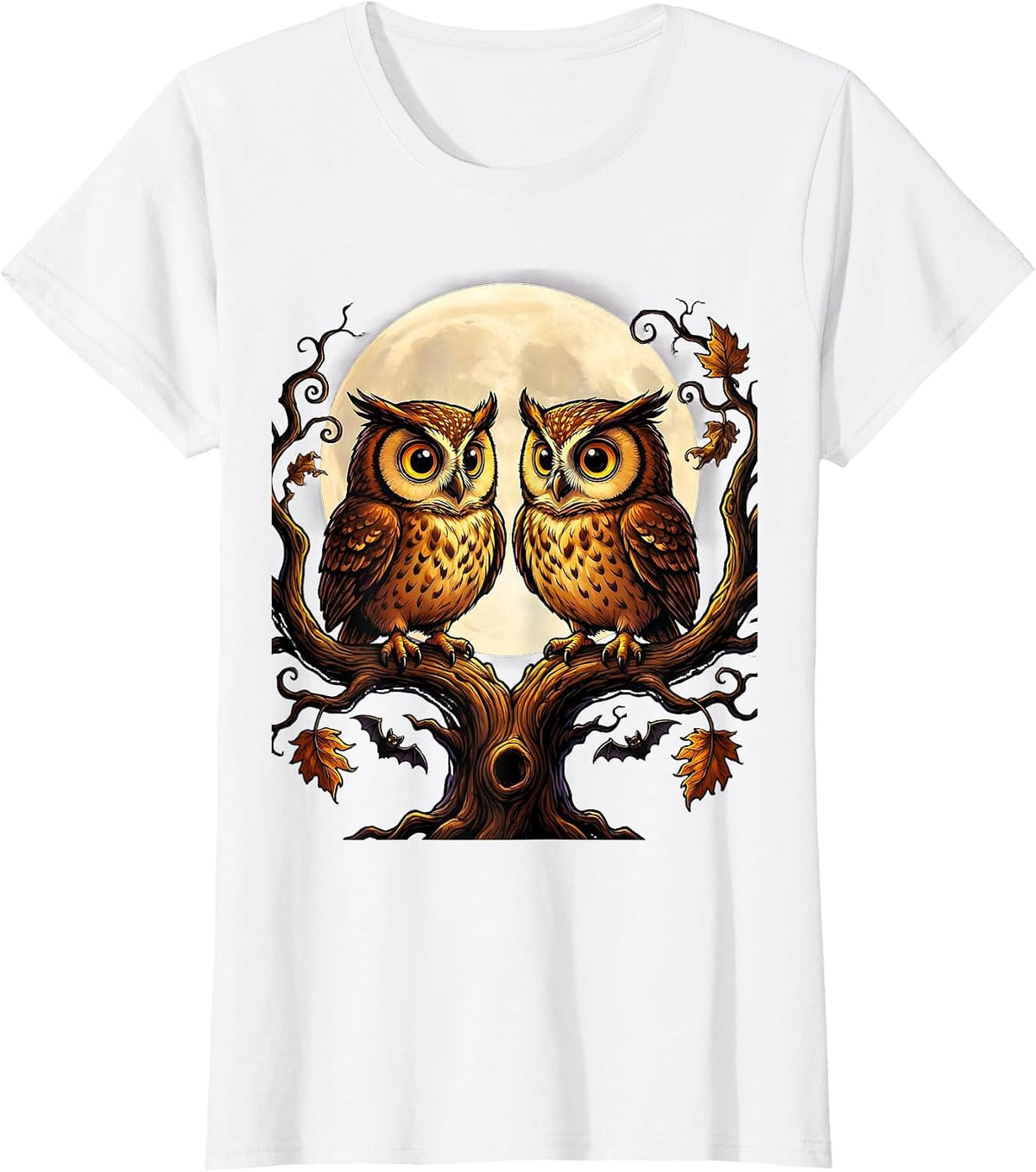 Women's Halloween Twin Owls on Mirrored Branches Design T-Shirt - White